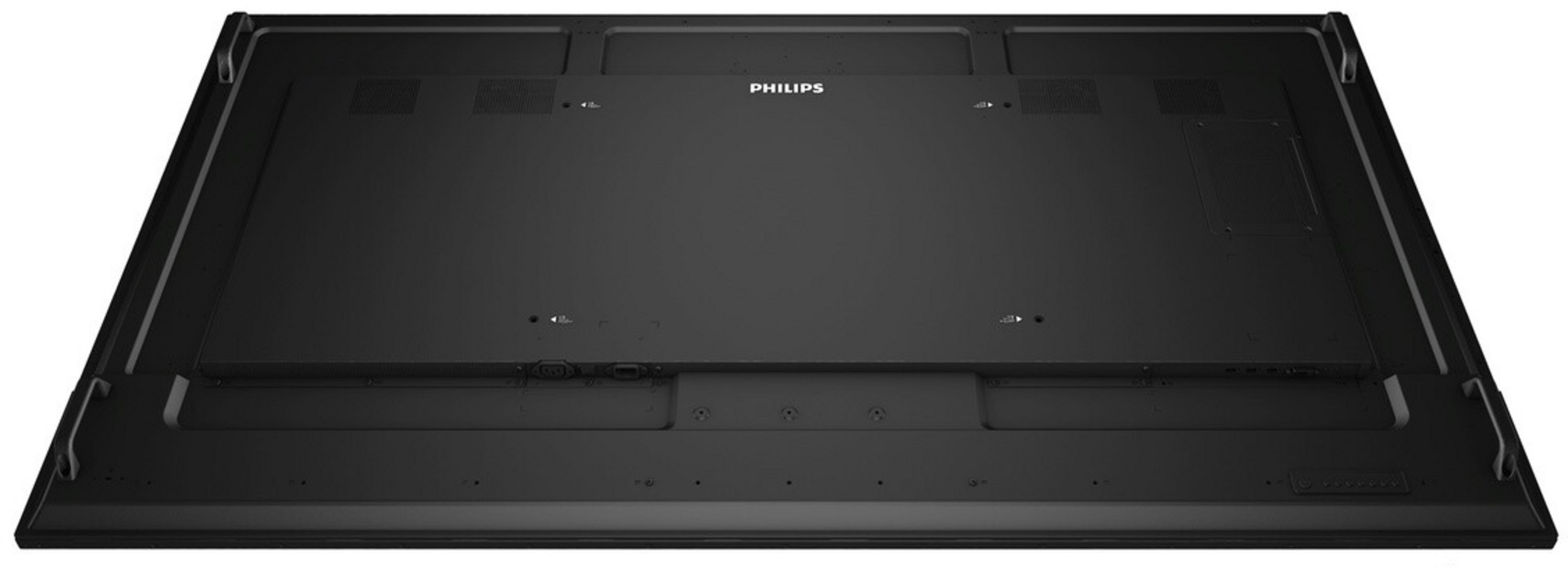 Achterkant van een zwarte Philips monitor met poorten en ventilatieroosters.