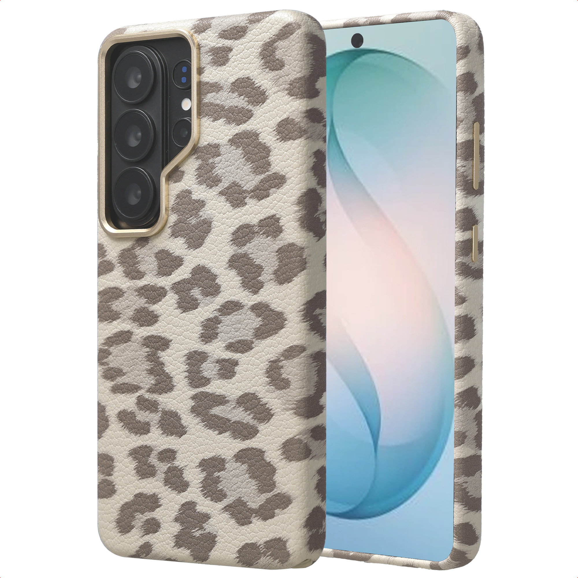 Een telefoon met luipaardprint hoesje en camera-array op witte achtergrond.