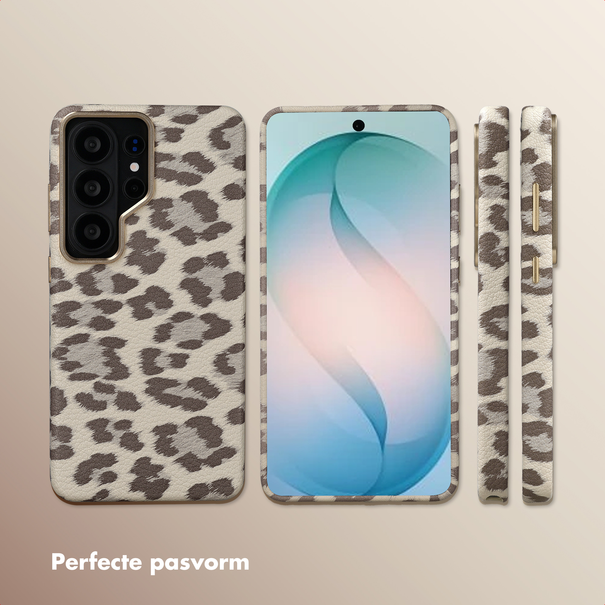 Telefoonhoesje met luipaardprint, voor- en zijaanzicht, met camera en scherm.