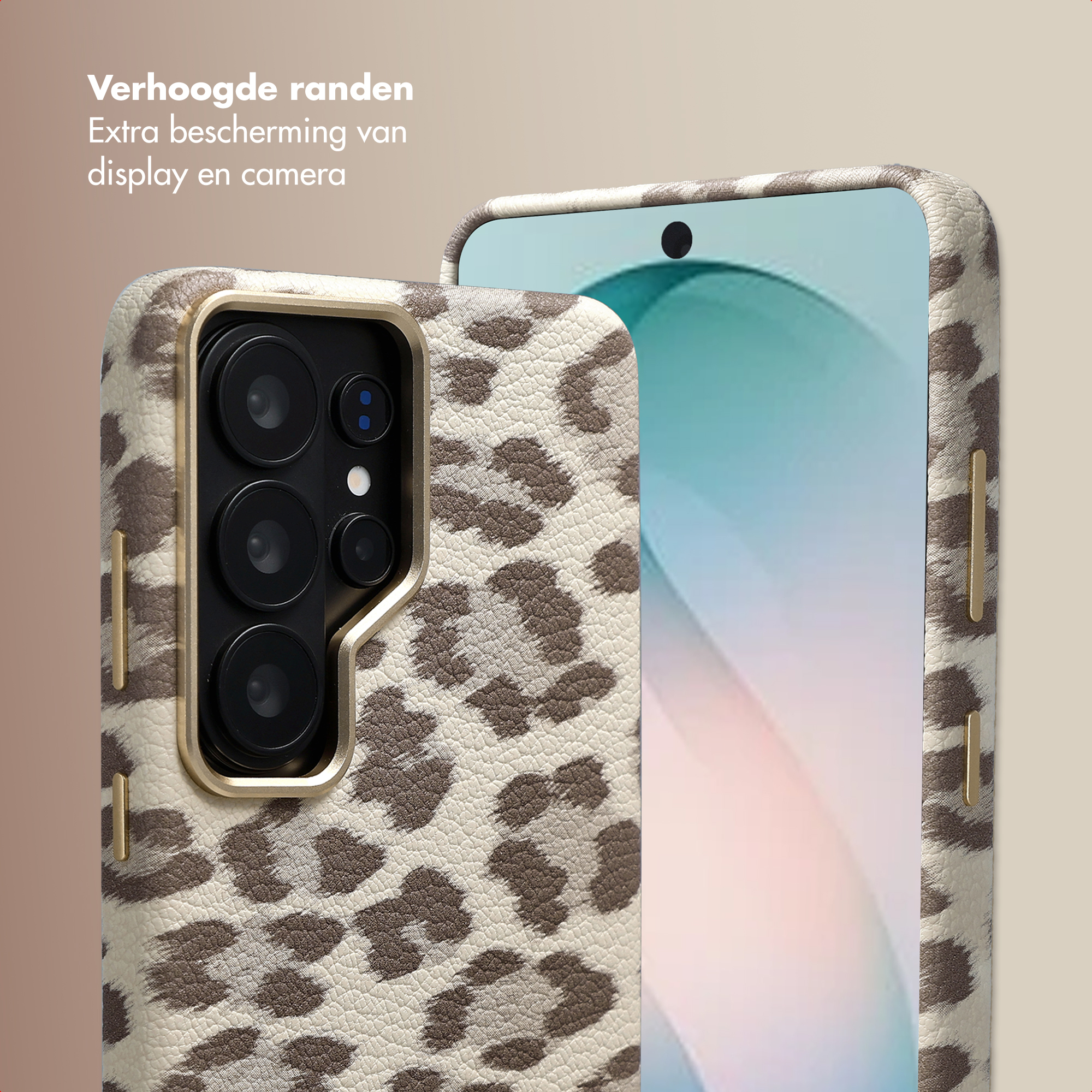 Telefoonhoesje met luipaardprint, camera-array en display.