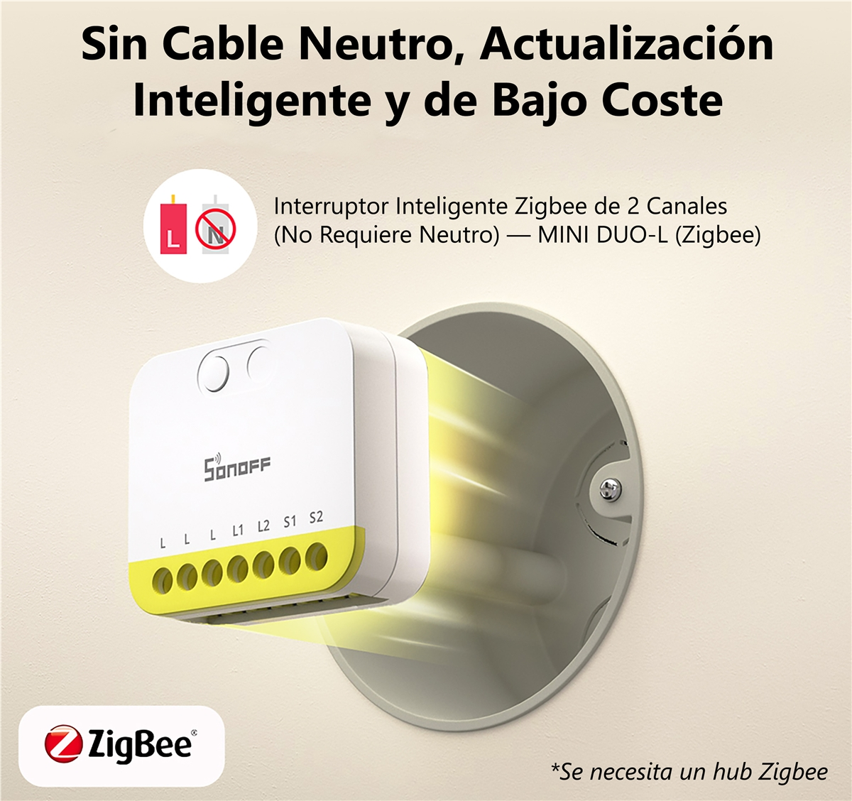 Un interruptor Sonoff Zigbee blanco de 2 canales sin neutro se inserta en una caja de pared.