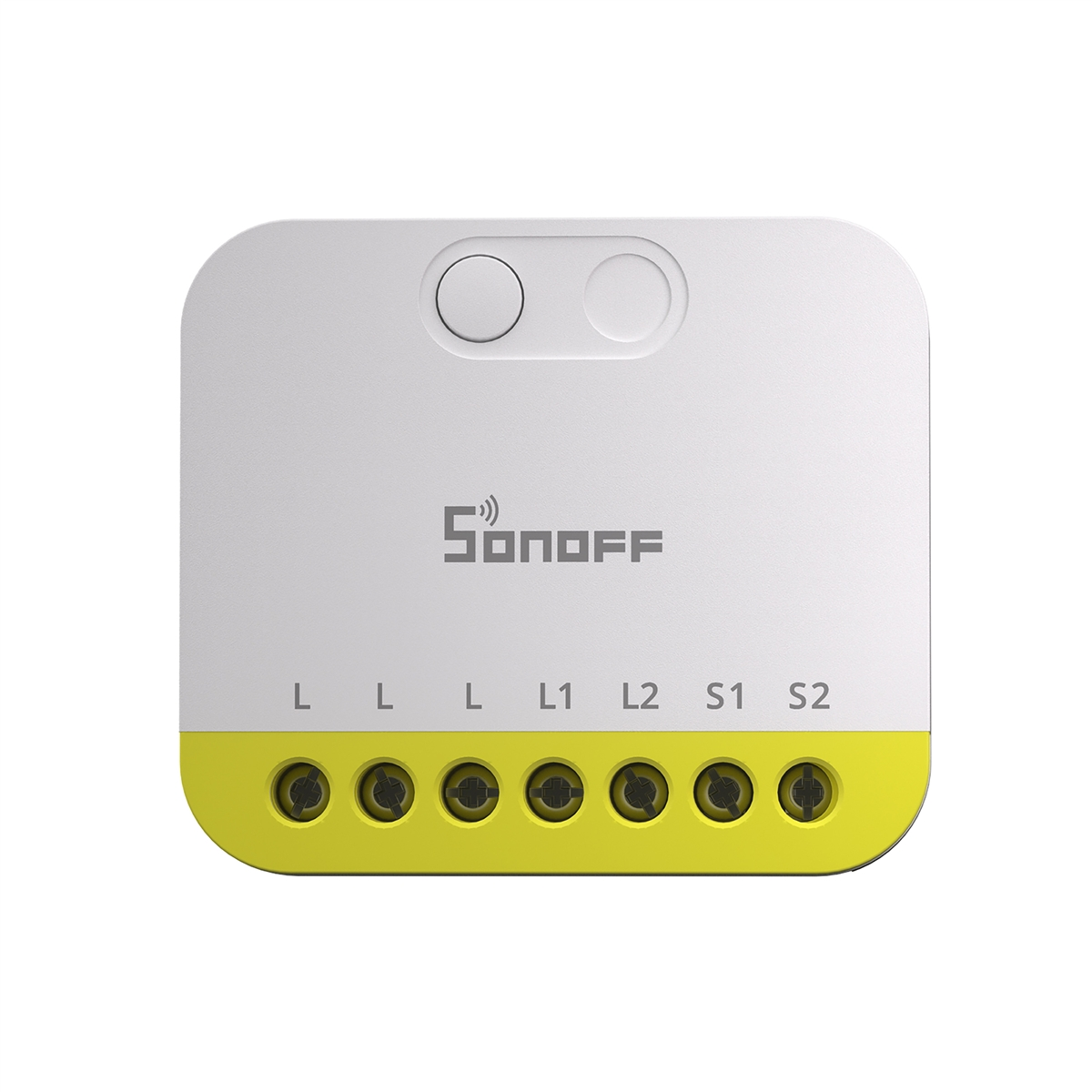 Un interruptor Sonoff blanco con terminales amarillos etiquetados L, L1, L2, S1, S2.