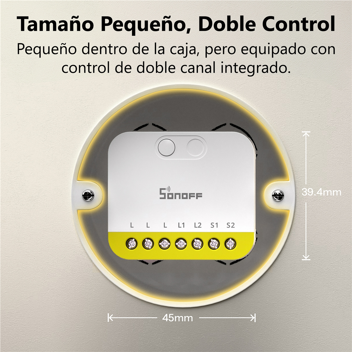Interruptor Sonoff blanco con terminales amarillos para L, L1, L2, S1, S2.