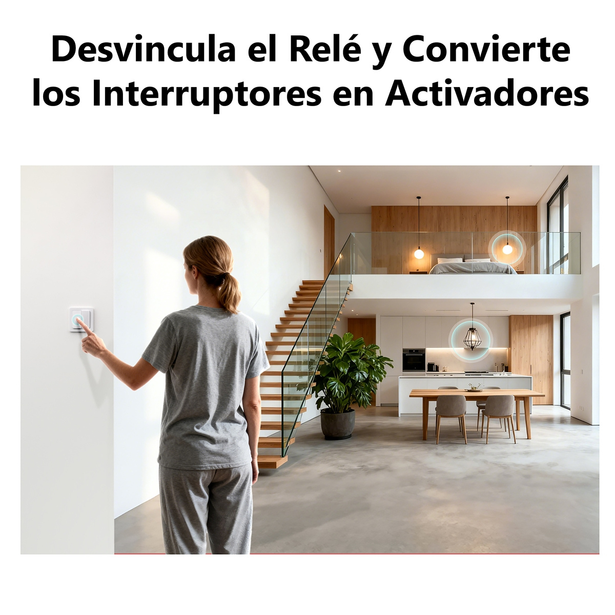 Una mujer toca un interruptor de luz en una casa moderna de dos pisos con escaleras.