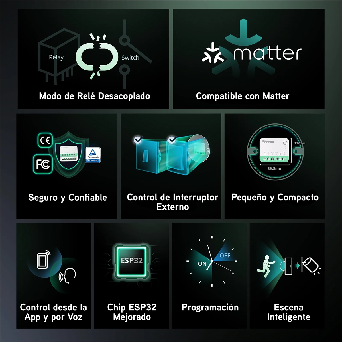 Grafiki pokazują przekaźnik, logo Matter, certyfikaty, sterowanie przełącznikiem, wymiary, sterowanie aplikacją, chip ESP32, harmonogram, scena.