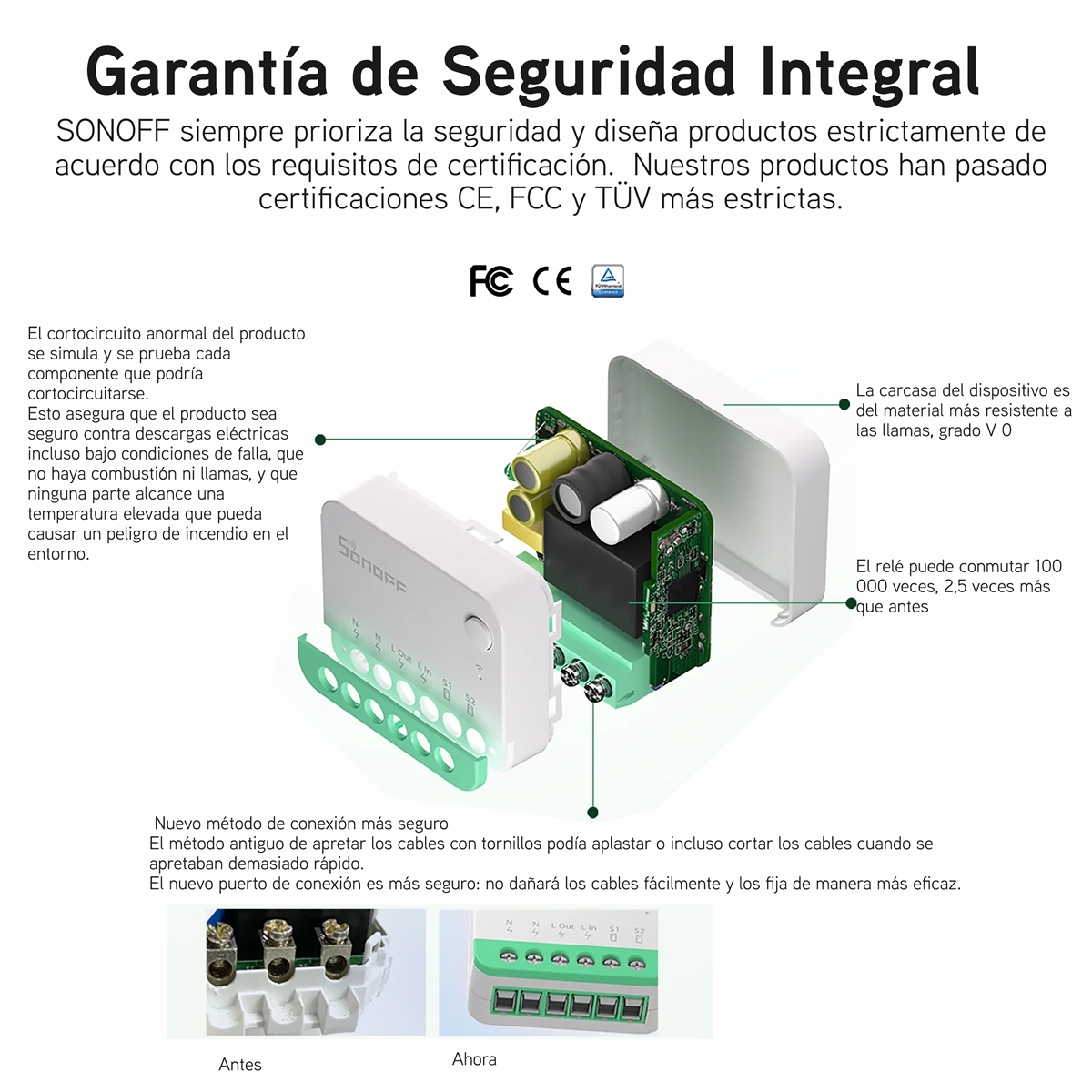 Urządzenie SONOFF z otwartą obudową i widokiem przekaźnika, pokazujące wewnętrzne komponenty i złącza.