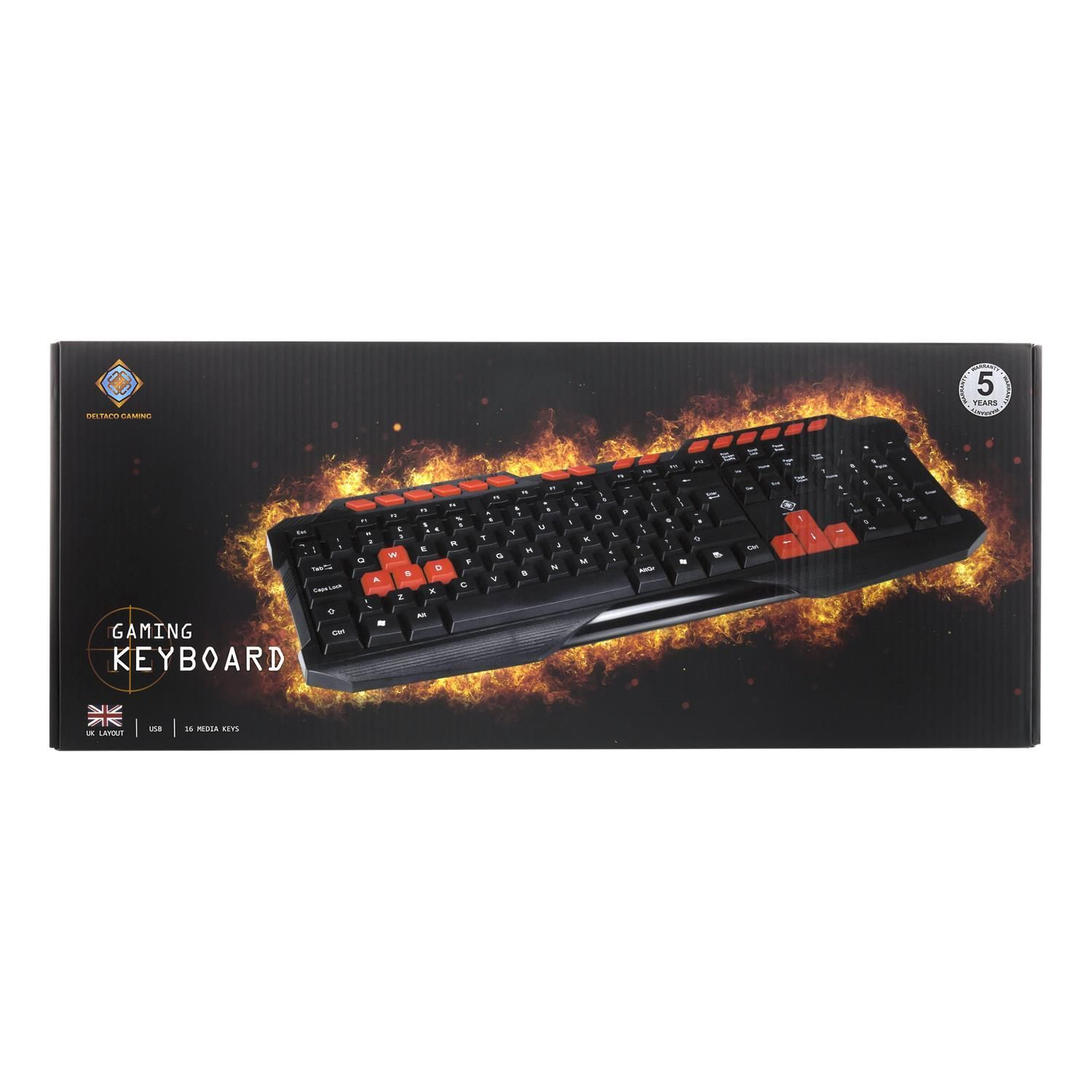 Gaming-Tastatur mit roten Akzenten auf schwarzem Hintergrund mit Flammen.