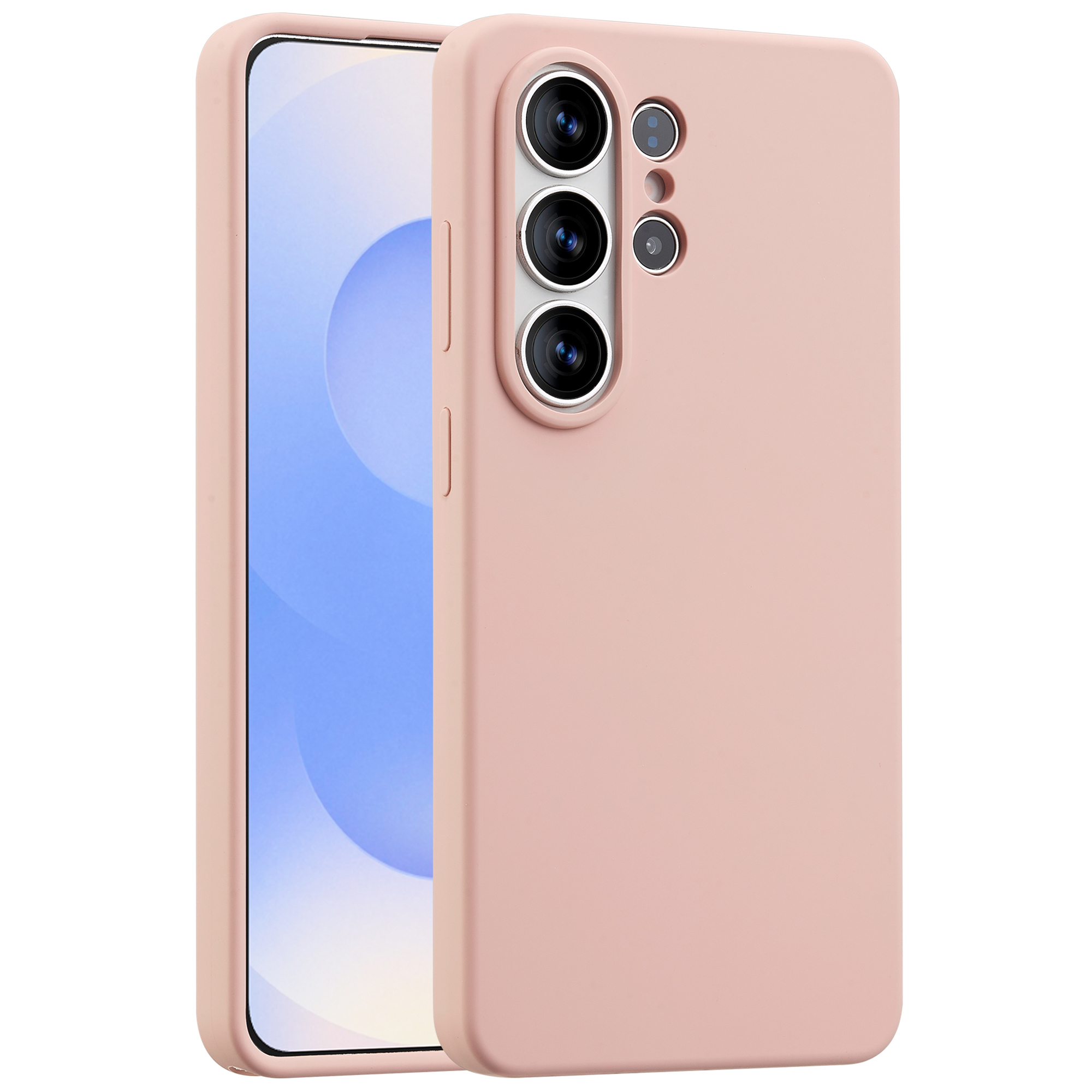 Een stoffen roze telefoonhoesje met drie cameralenzen.