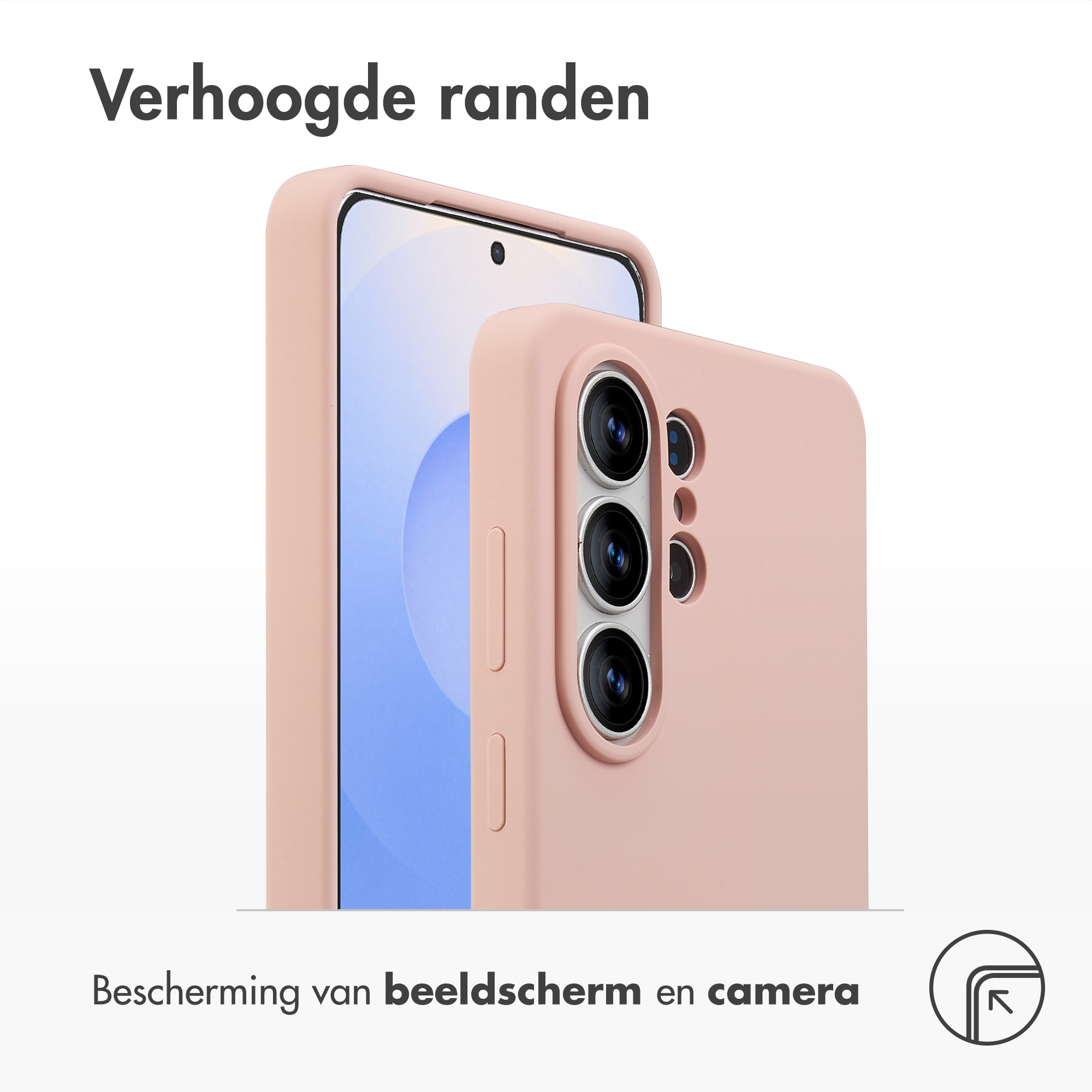 Een roze telefoonhoes beschermt een smartphone met drie camera's.