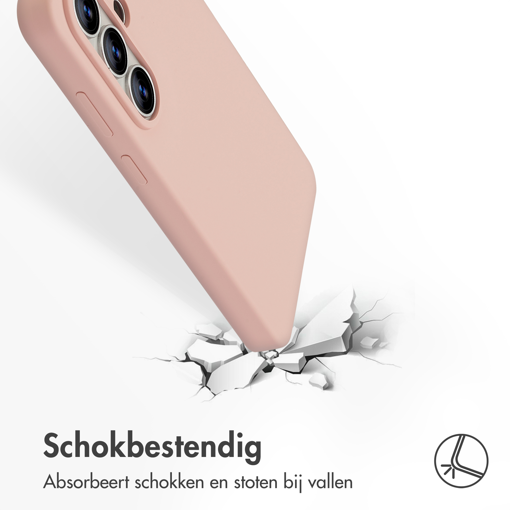 Een roze telefoonhoesje raakt een gebroken witte ondergrond.