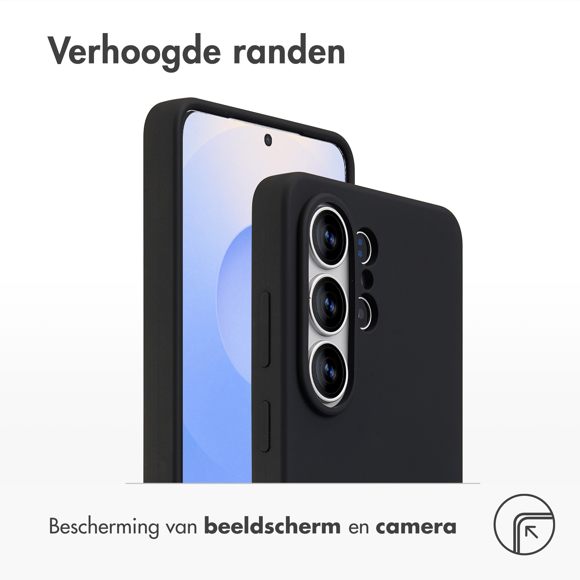 Telefono nero con rialzo fotocamera e display. Testo in olandese.