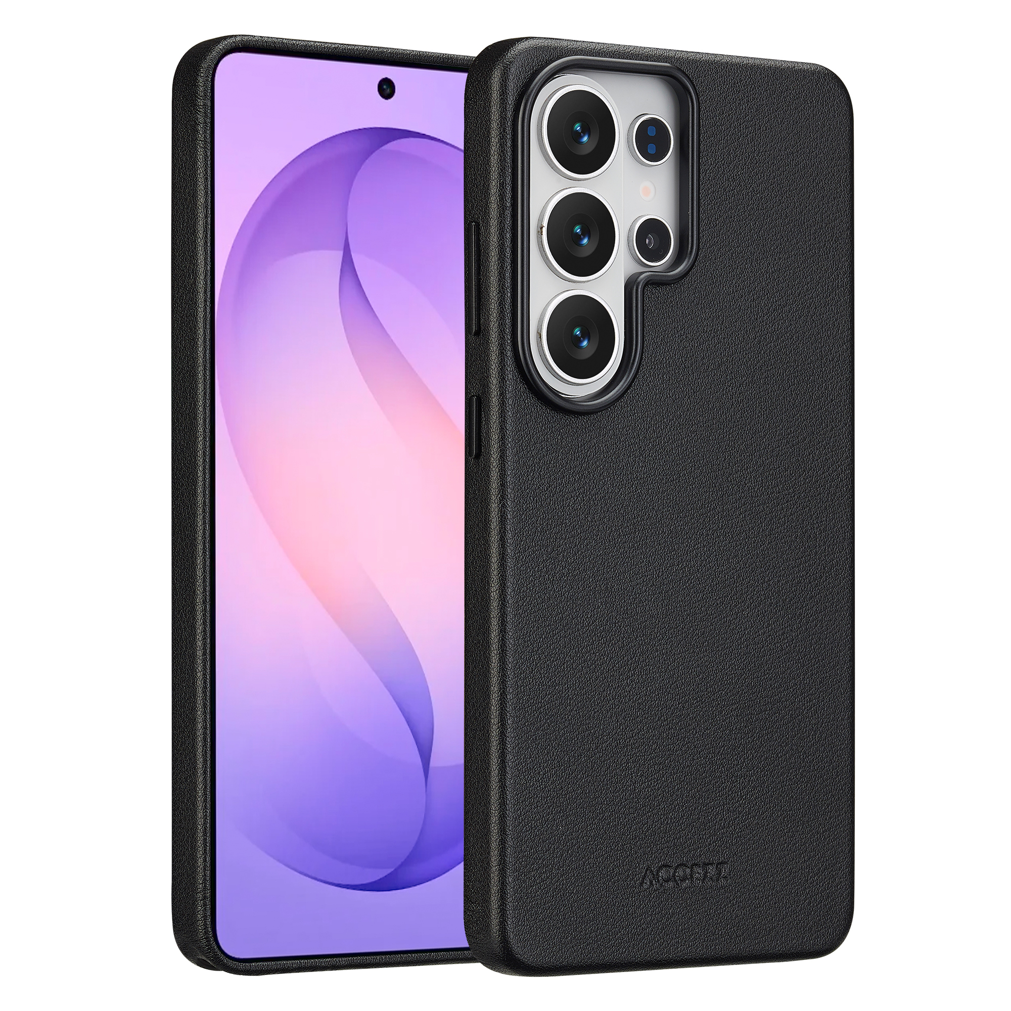 Zwarte telefoon met cameramodule en paarse achtergrond.