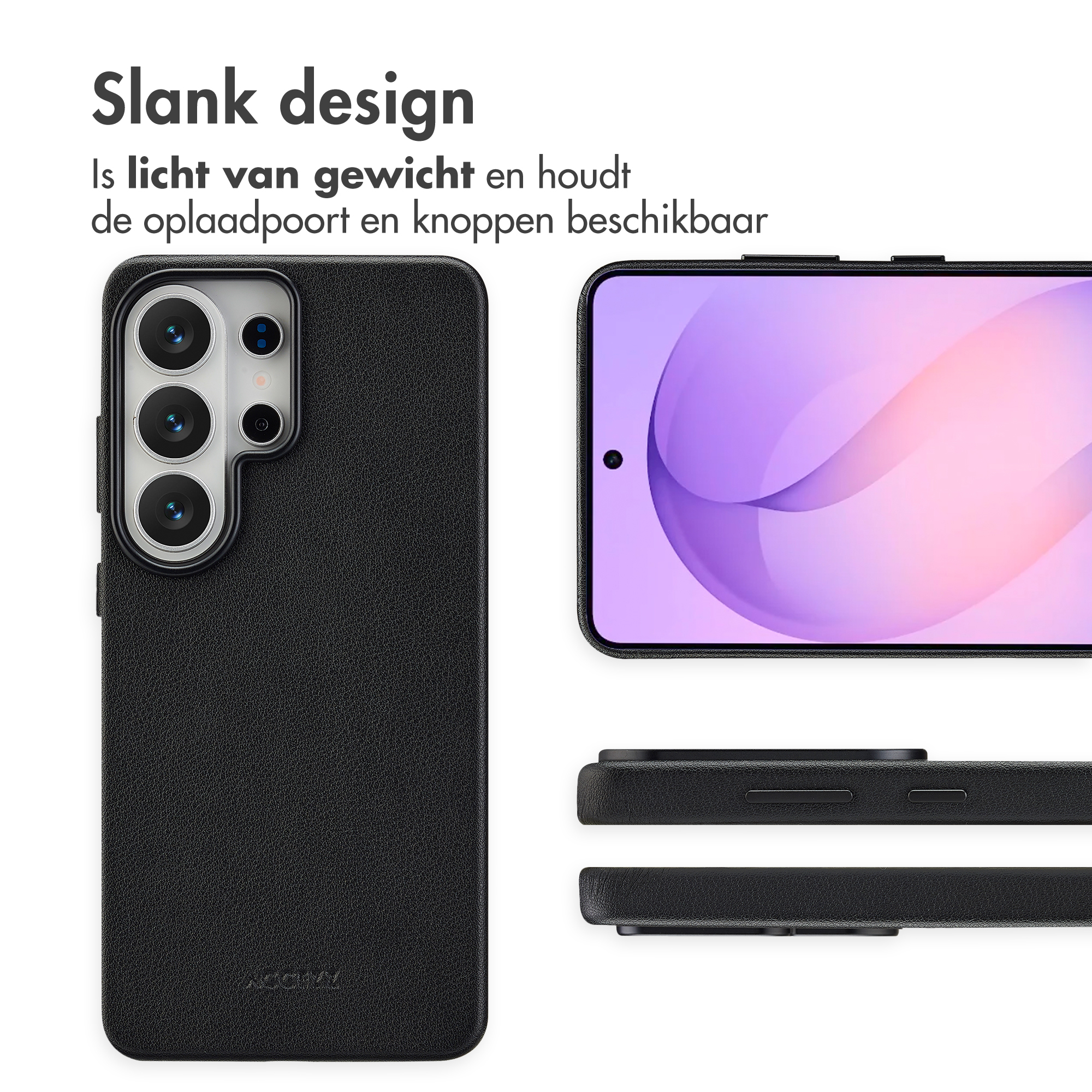 Zwarte telefoonhoes met camerauitsparing en telefoonscherm.