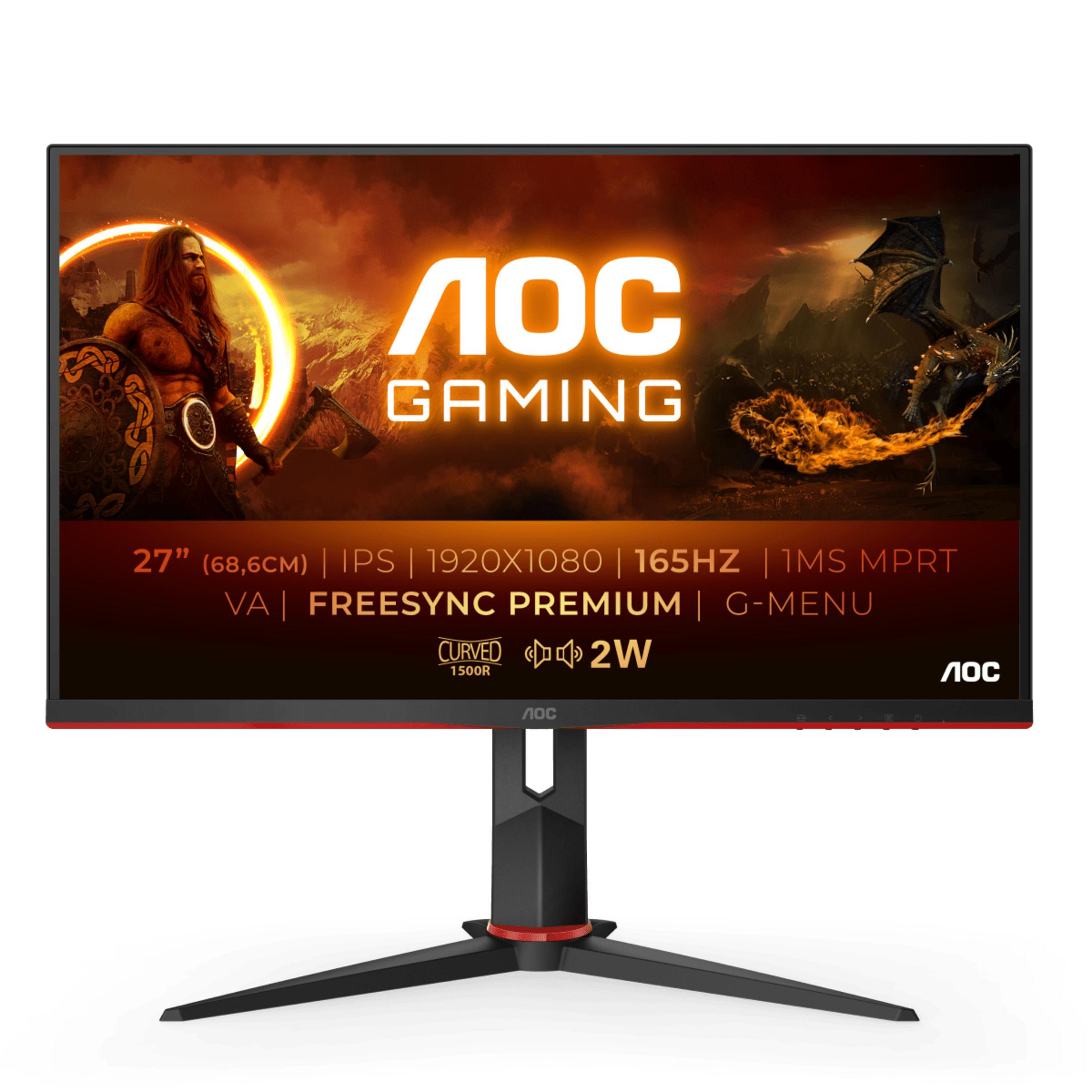 Ein AOC Gaming Monitor mit einem Krieger und Drachen auf dem Bildschirm.