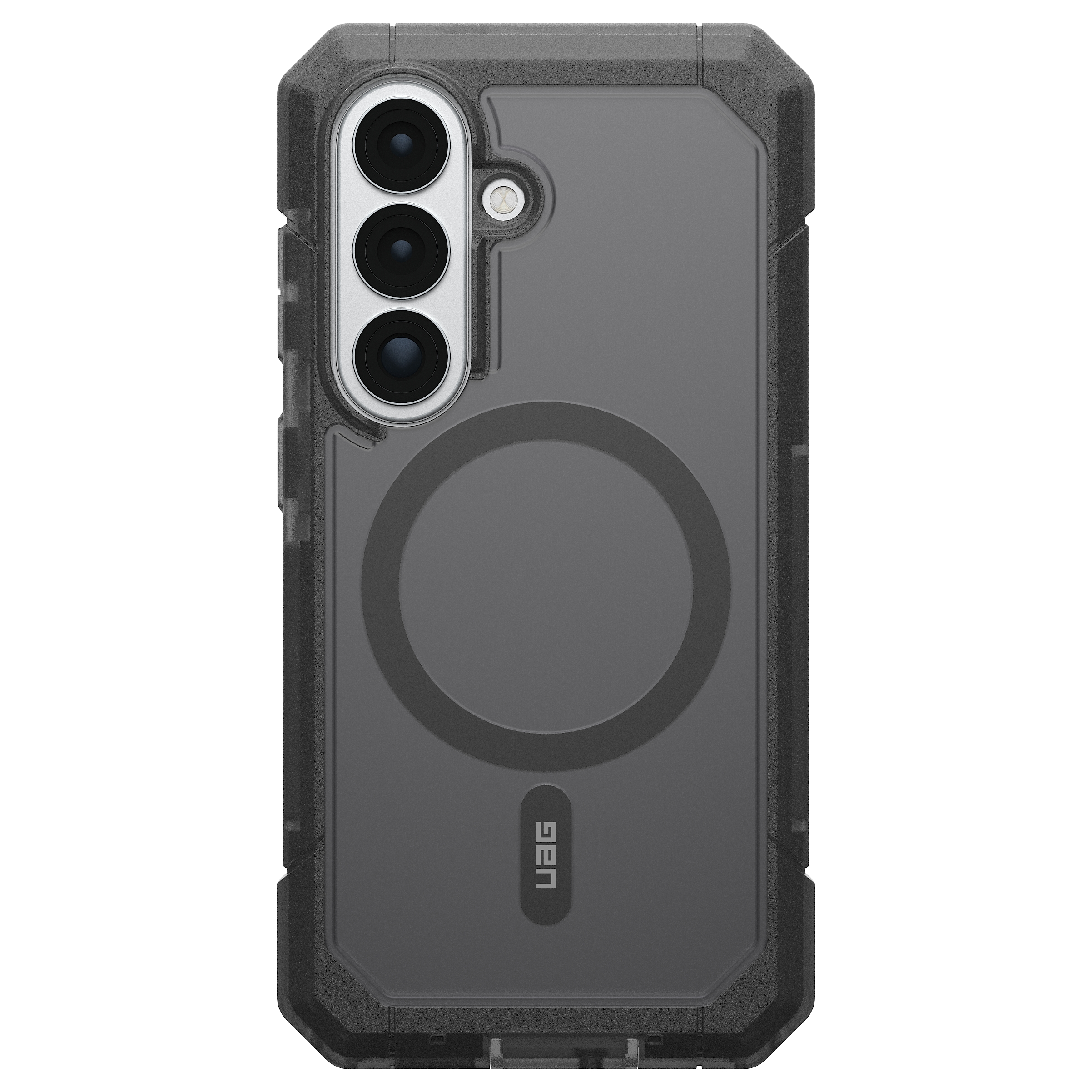 Rückseite eines dunklen, robusten Smartphone-Schutzcovers mit Kameraöffnung und UAG-Logo.