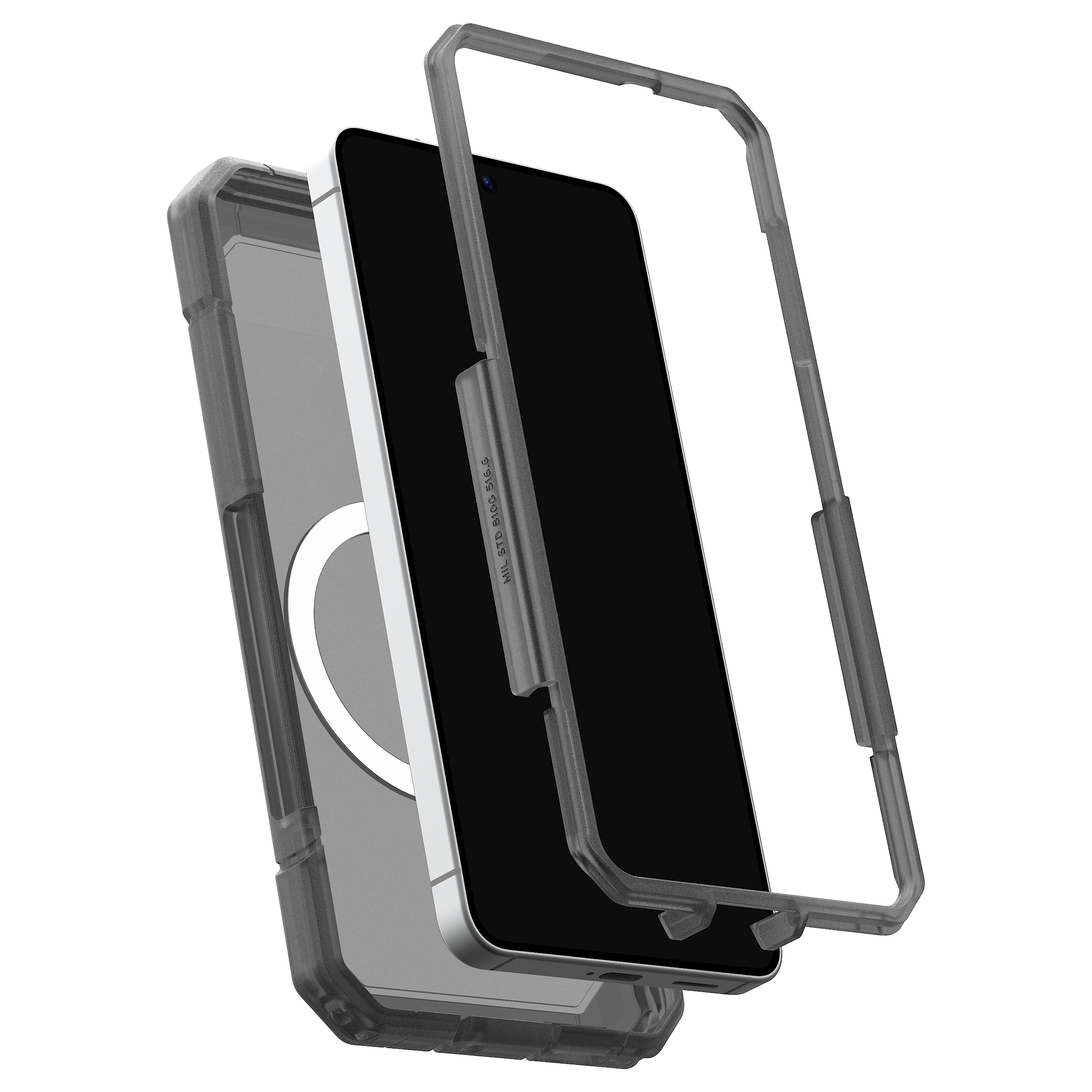 Ein graues Handy-Schutzgehäuse mit transparentem Rahmen.