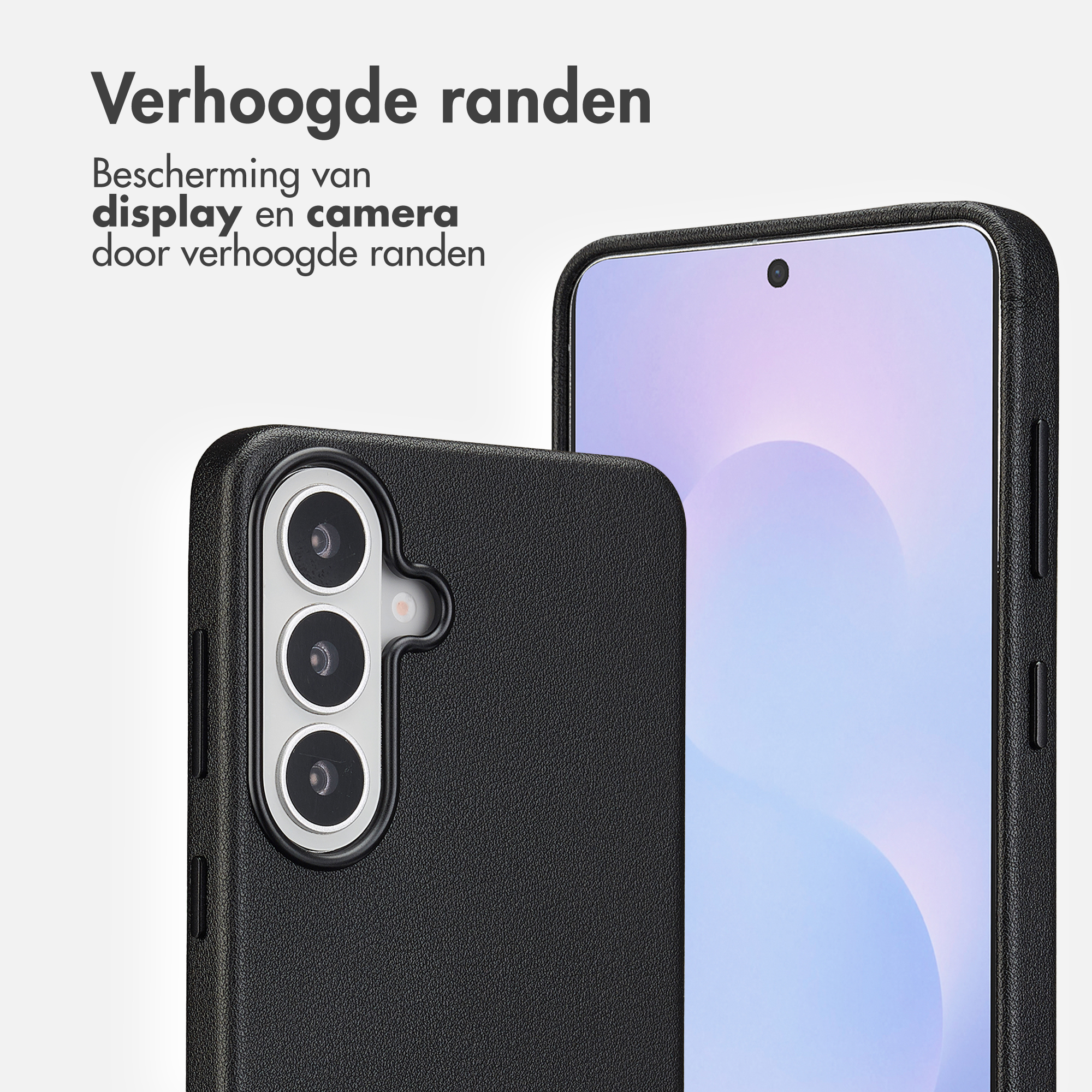 Zwarte telefoonhoes met verhoogde randen ter bescherming van display en camera.