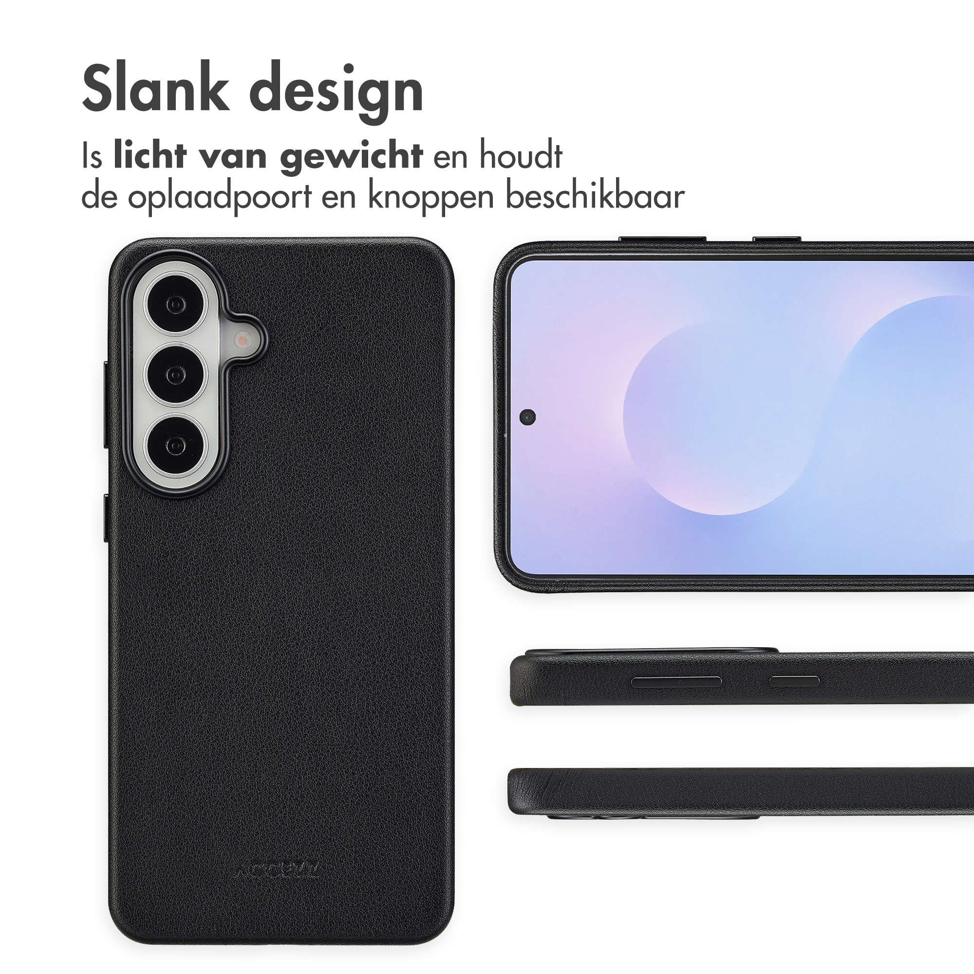 Zwarte telefoonhoes met cameruittsnede en deel van het scherm.