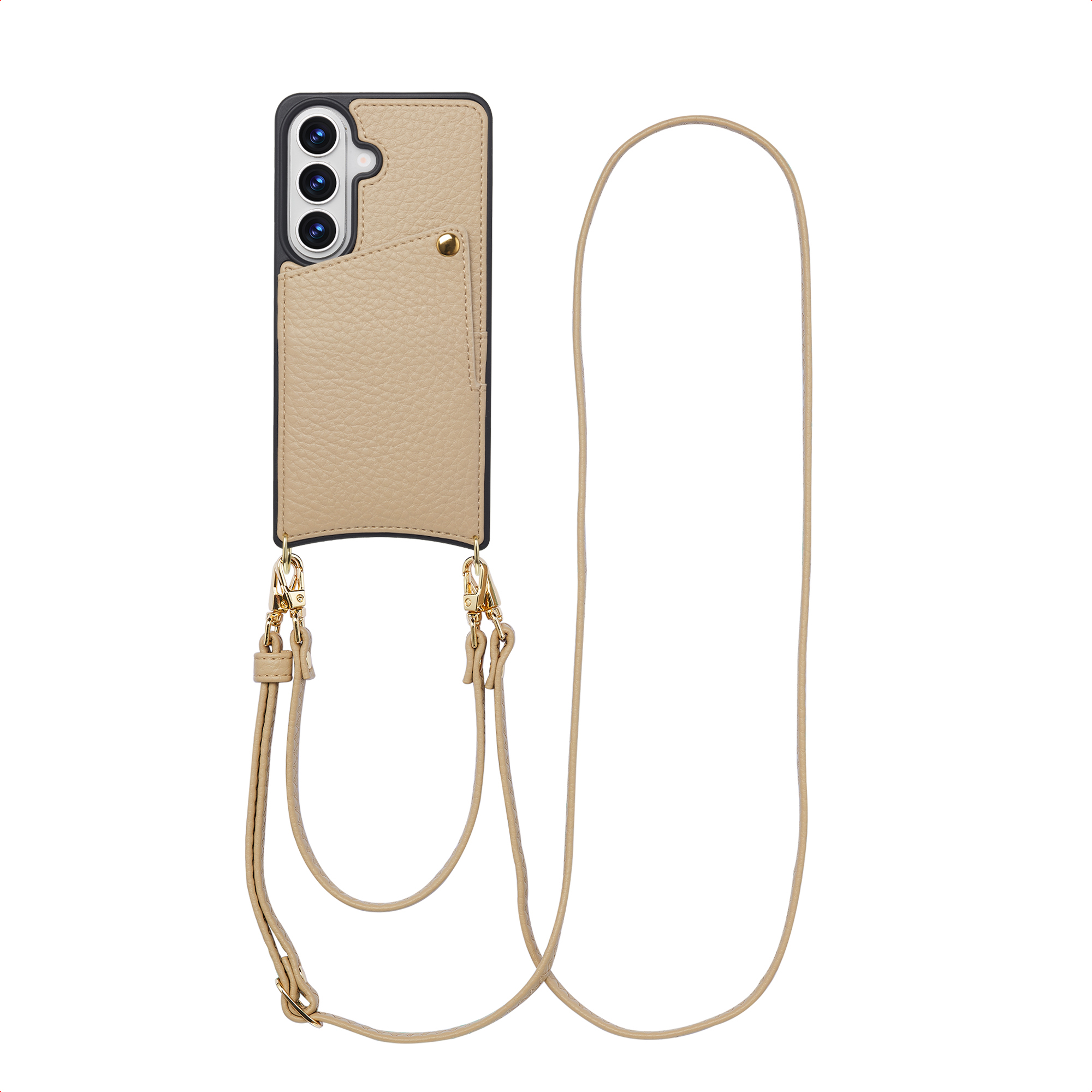 Beige leren telefoonhoes met drie camera's en een schouderband.