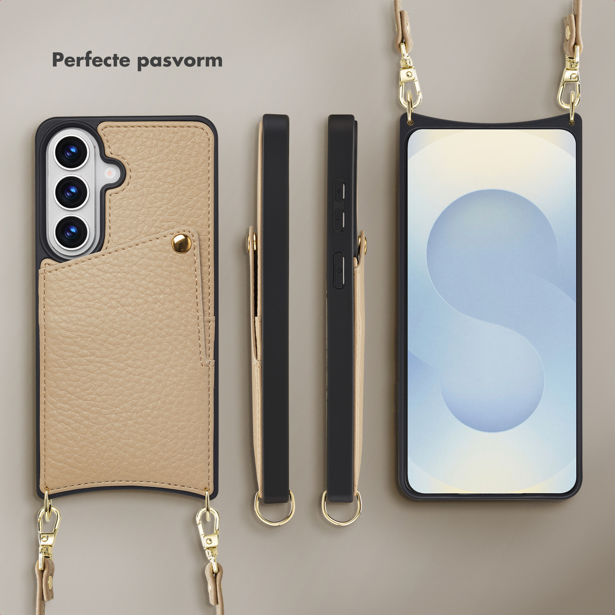 Een telefoon met beige lederen hoesje en draagband, voor- en zijaanzicht.