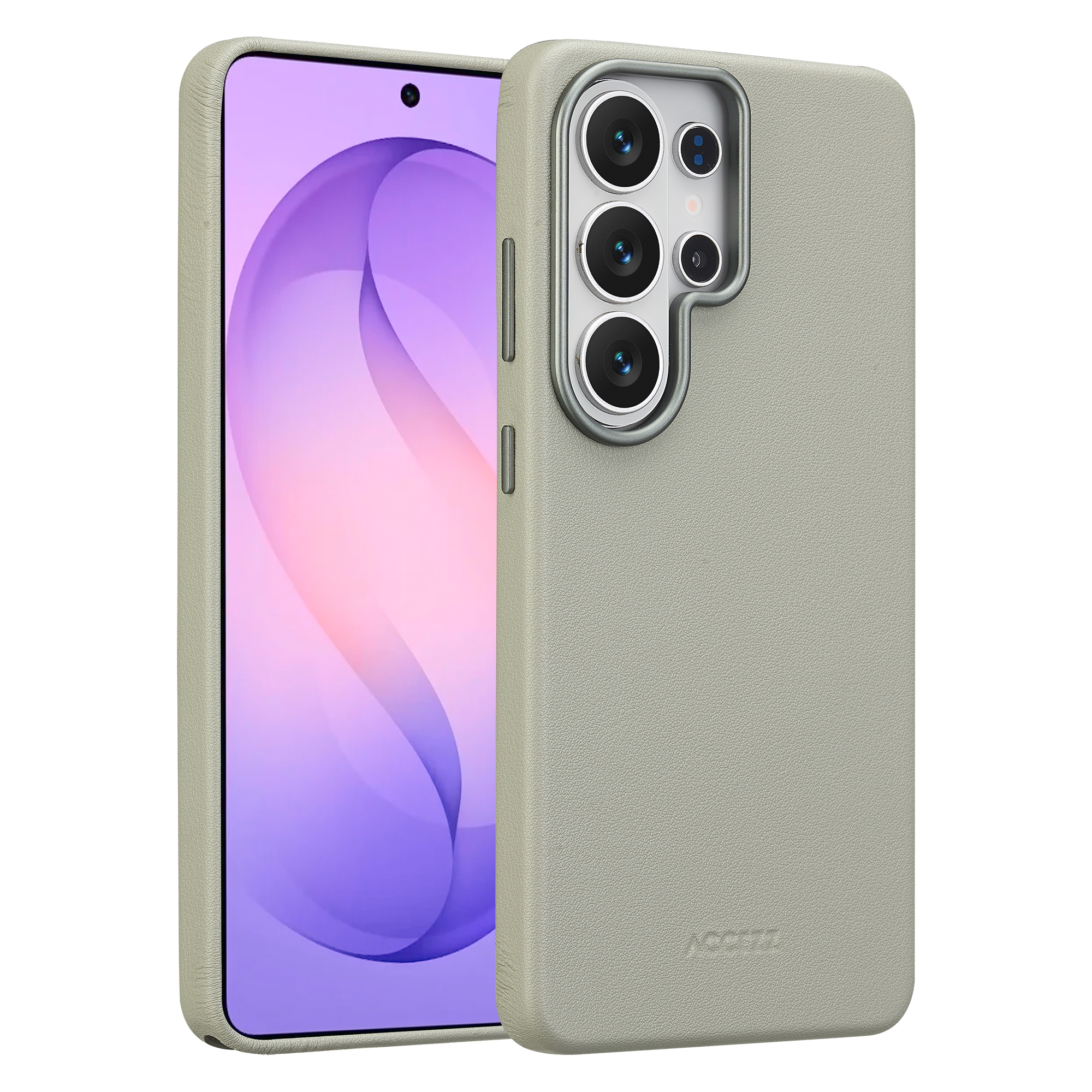 Een lichtgrijze telefoon in een hoes die de achterkant omhult.