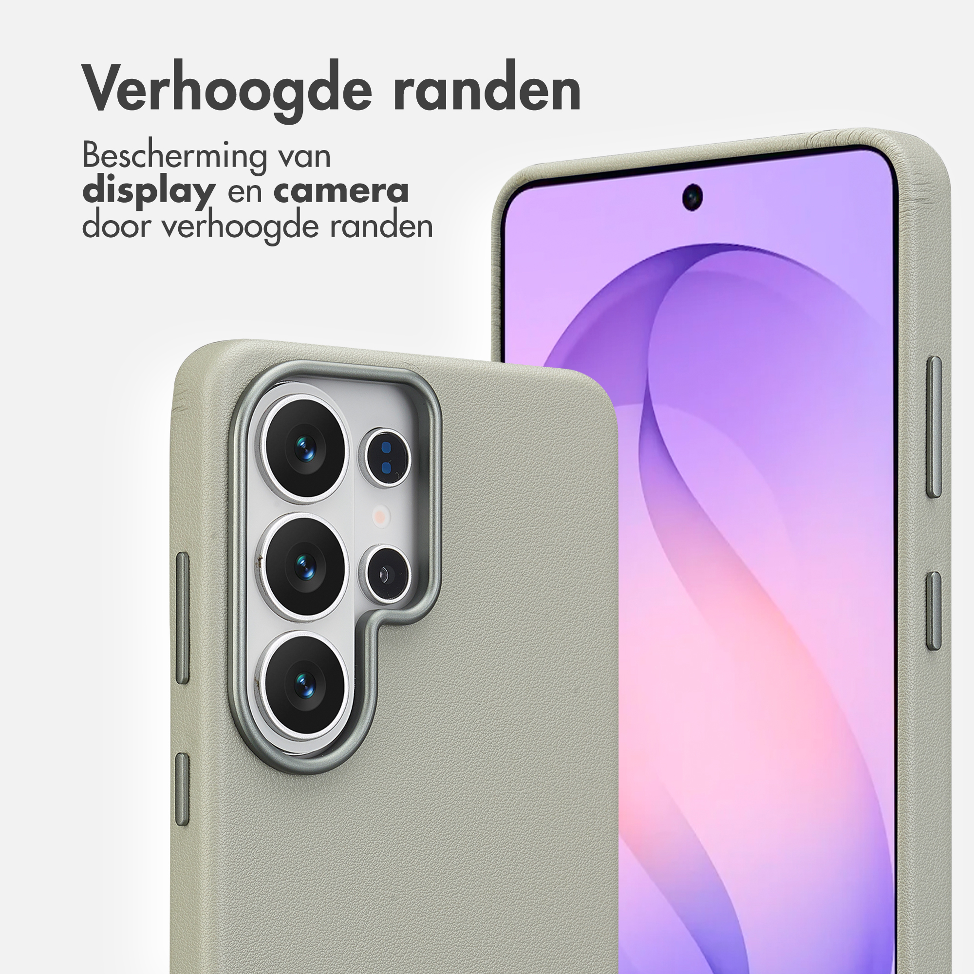 Grijze telefoonhoes met verhoogde randen beschermt display en camera.