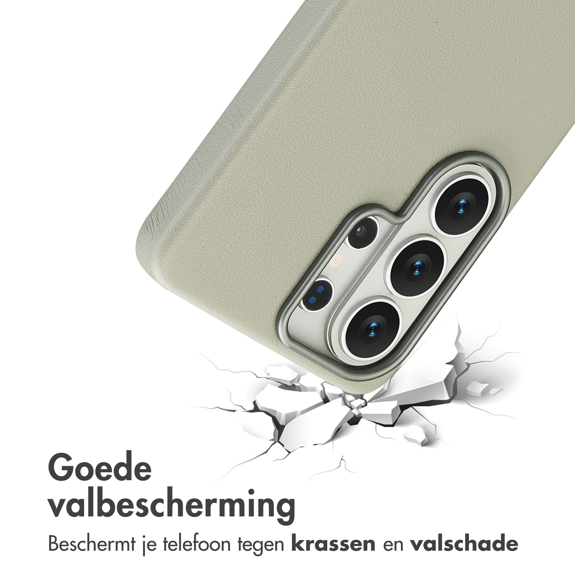 Een telefoonhoesje breekt door een vloer van witte scherven.