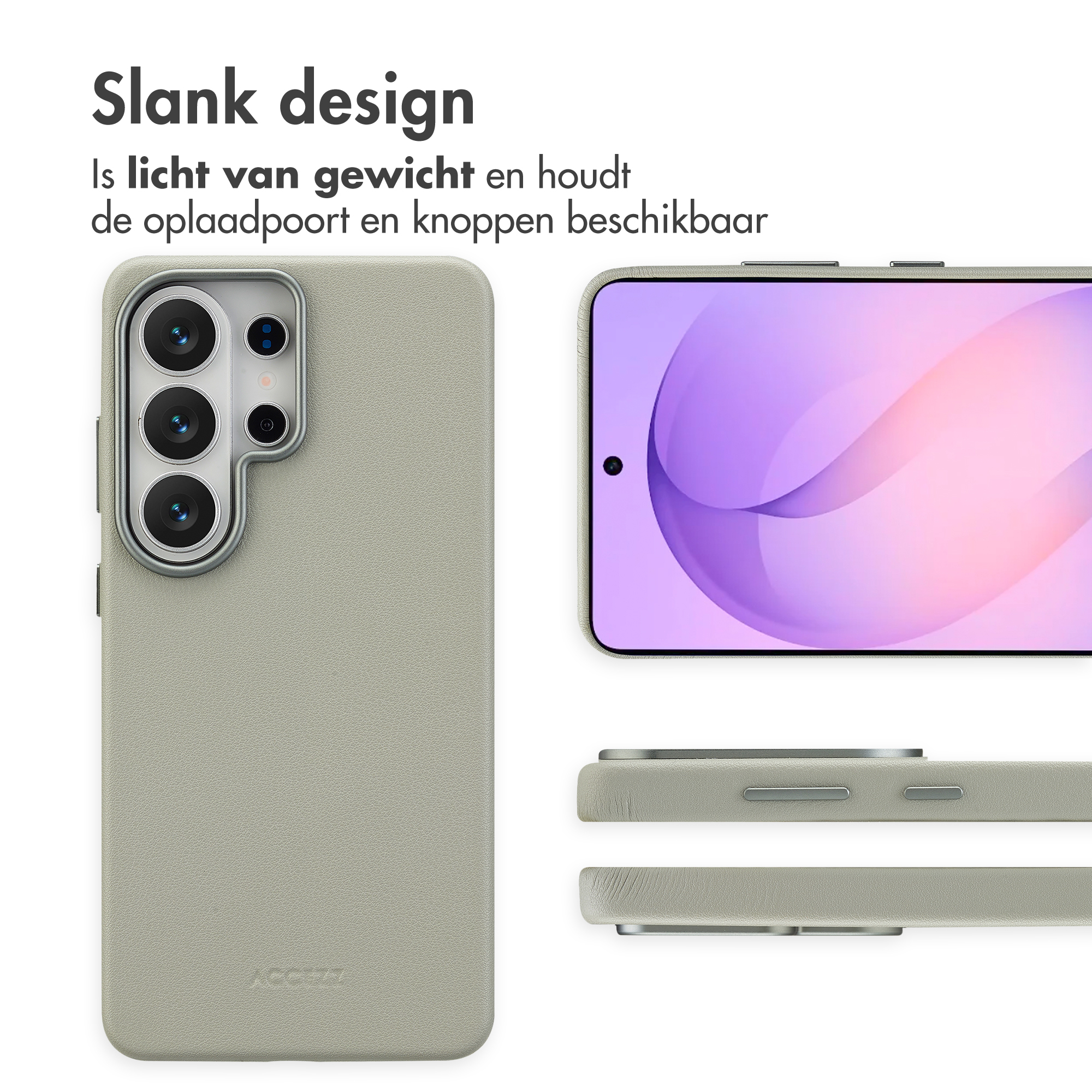 Grijze telefoonhoes met camera's en scherm. Slank design.