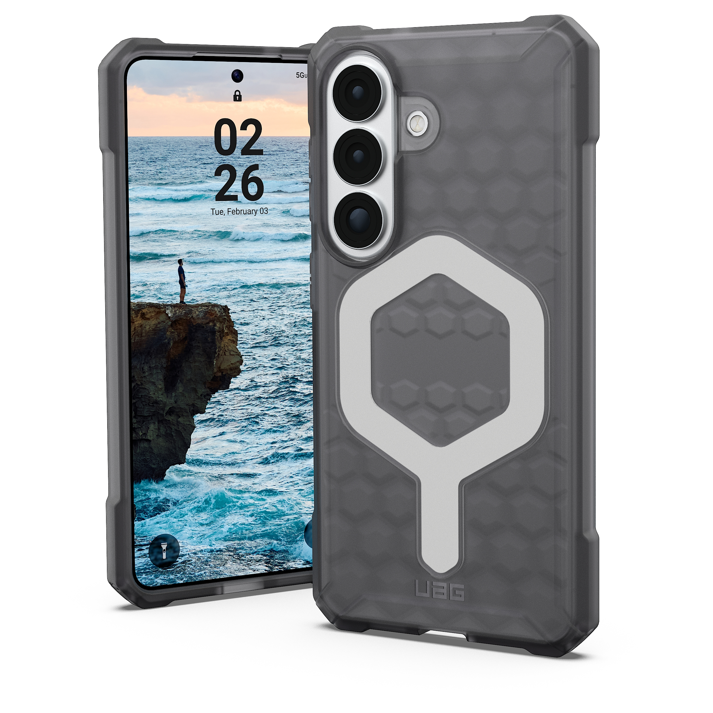 Ein dunkler Handyhülle mit einem stilisierten Hexagon-Muster und einem Telefon mit Wellen.