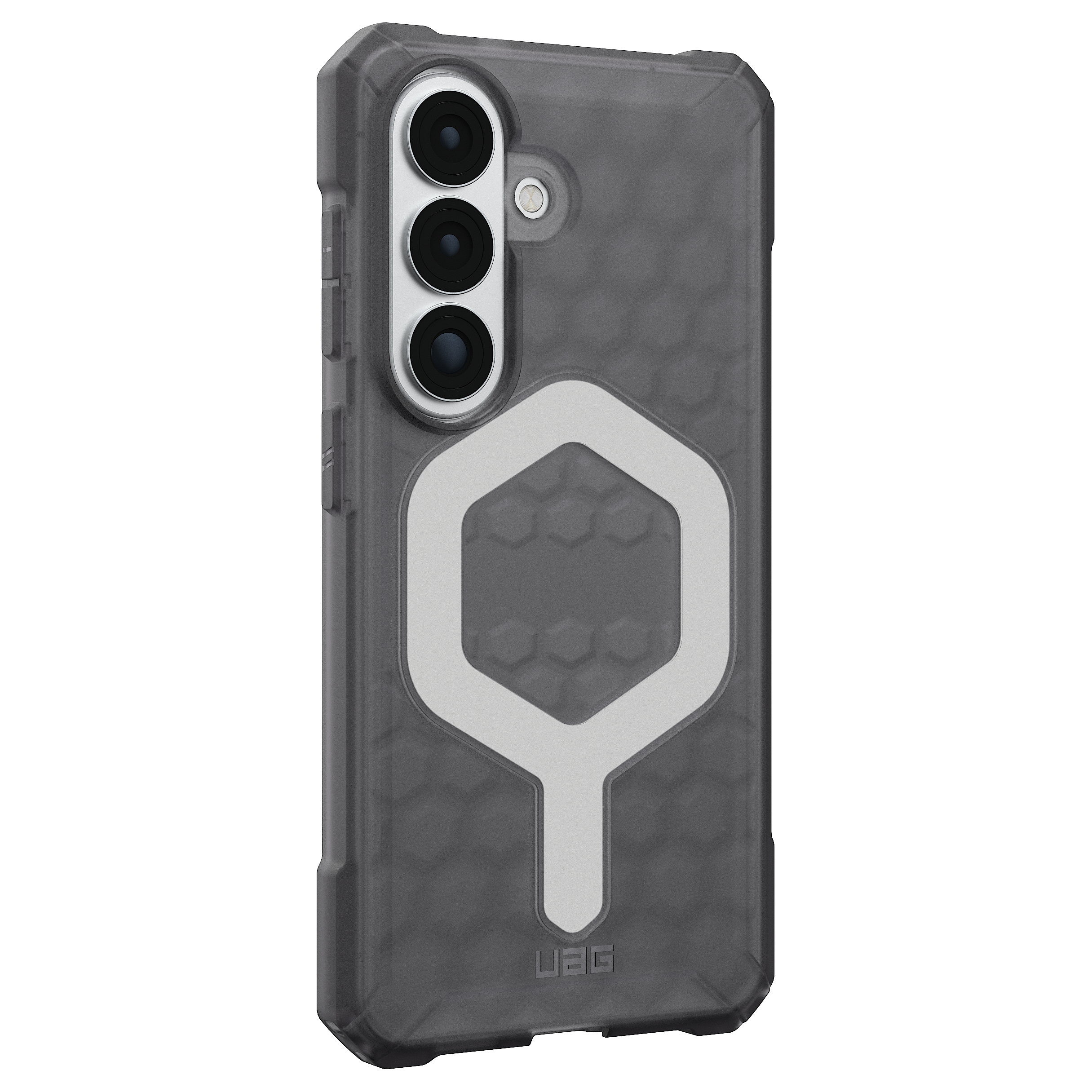 Schwarze Handyhülle mit Hexagon-Muster und zentralem Logo.