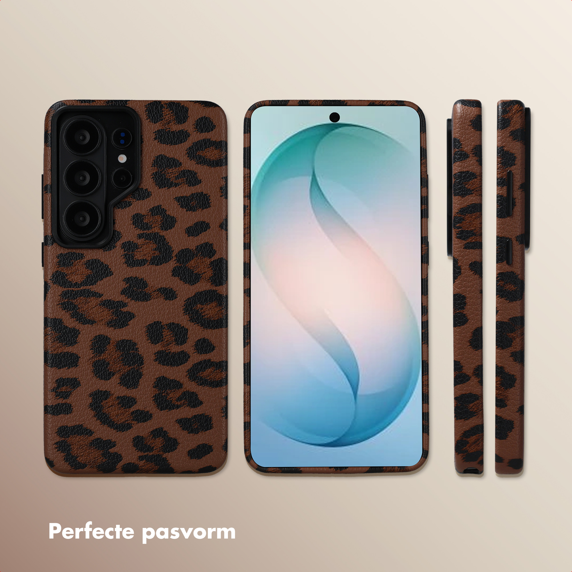 Custodia per telefono marrone con stampa leopardata accanto a uno smartphone.