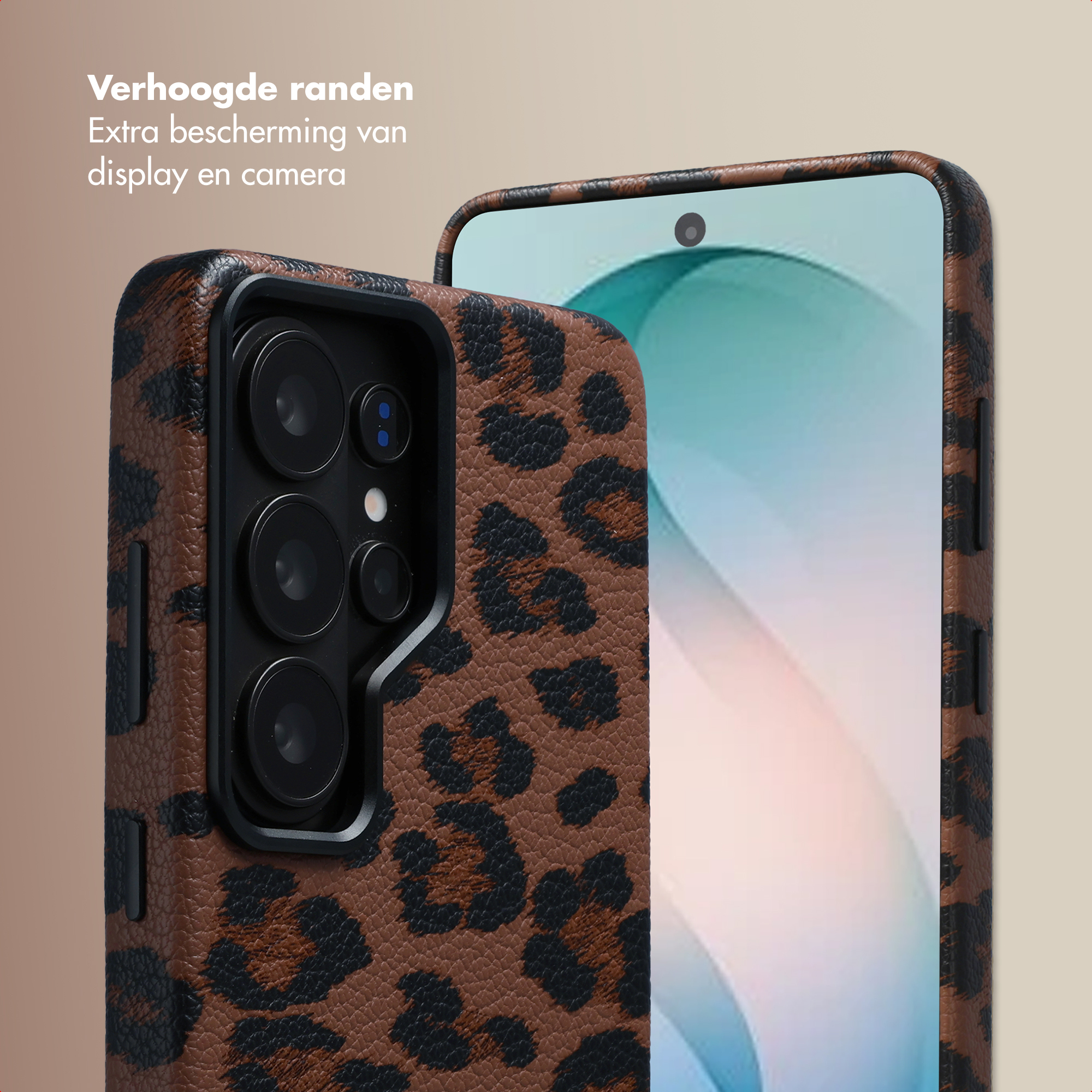 Custodia per telefono marrone con stampa leopardata, mostra modulo fotocamera e schermo.