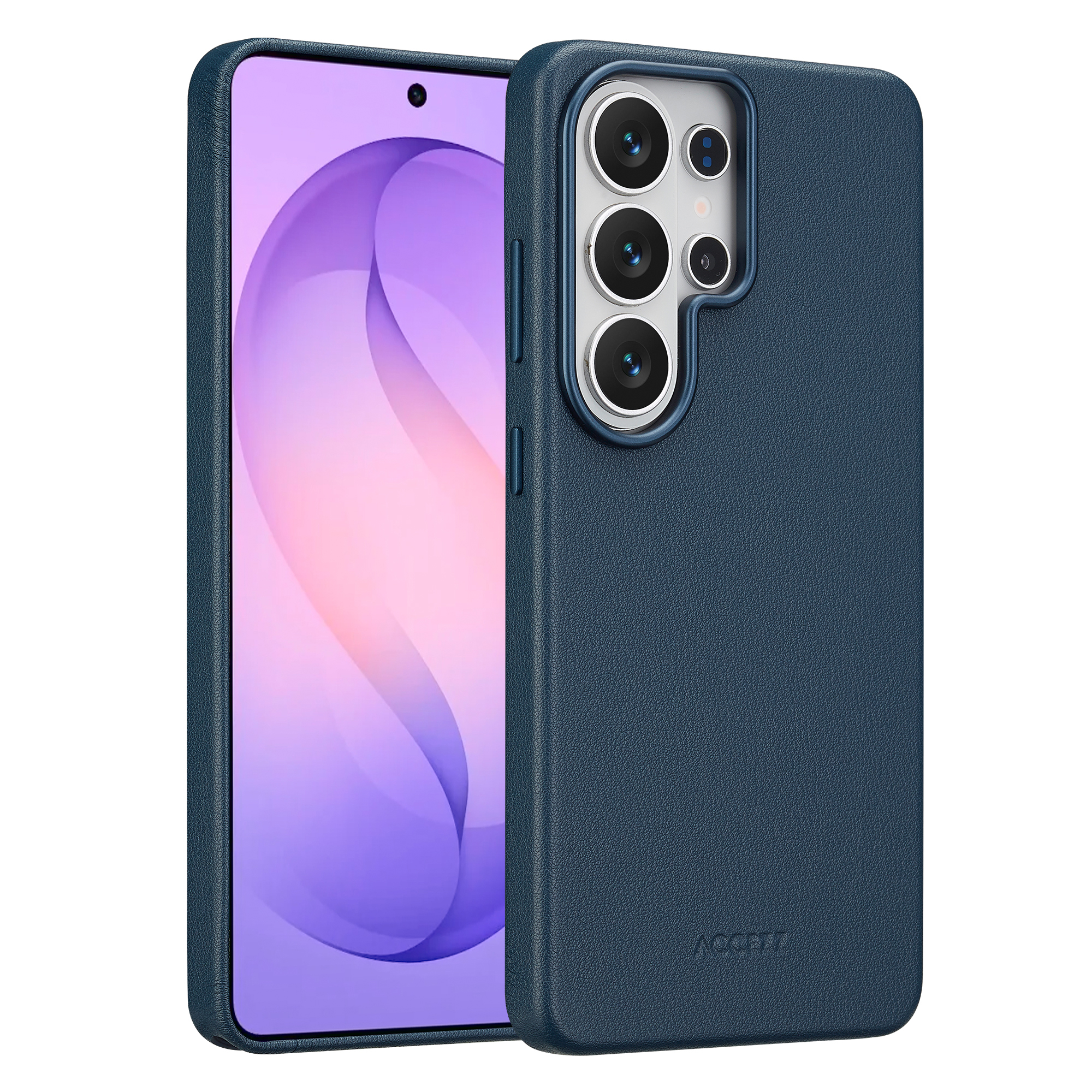 Donkerblauwe telefoonhoes met camera-eiland en display.