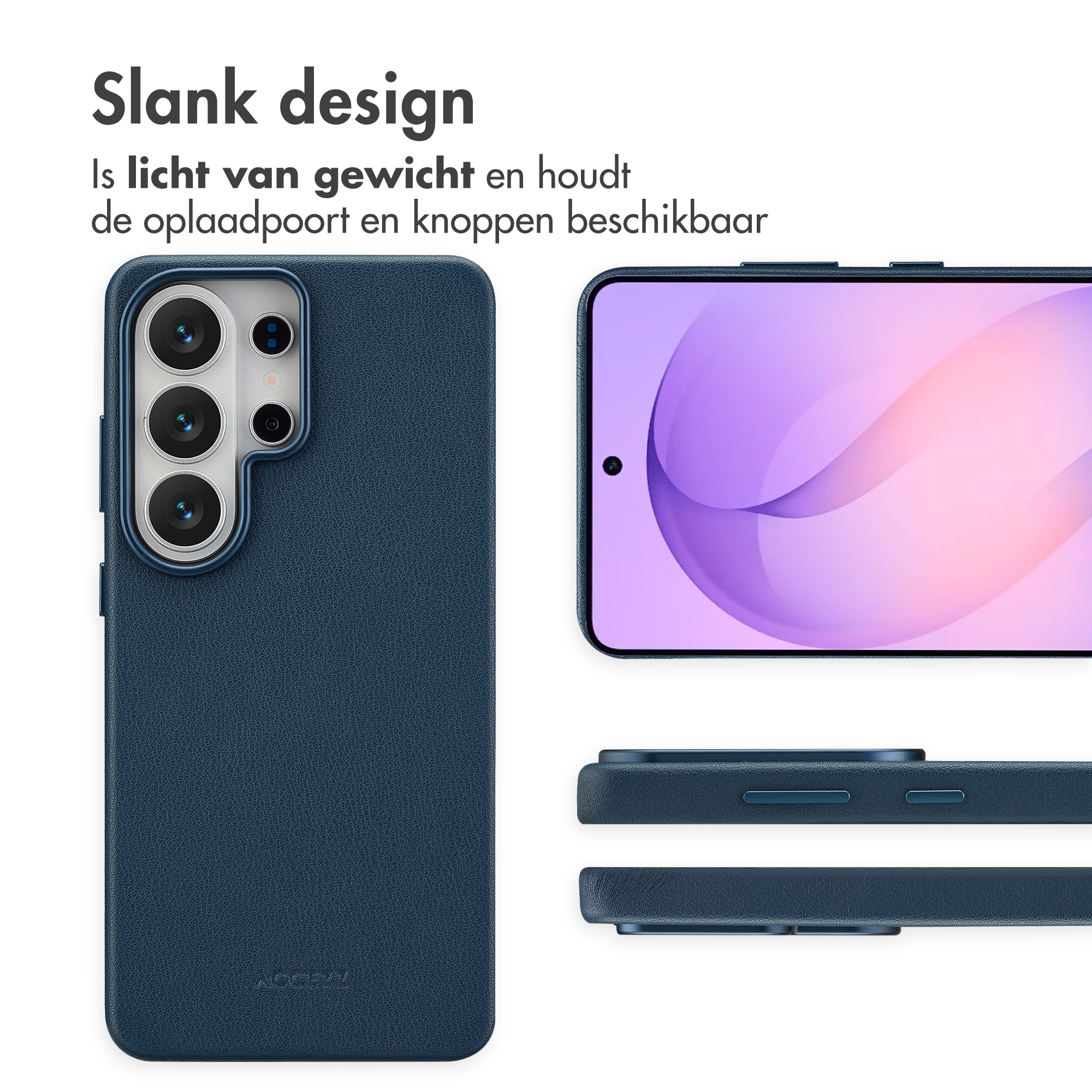 Donkerblauwe telefoonhoes met camera-uitsparing en zijaanzichten.