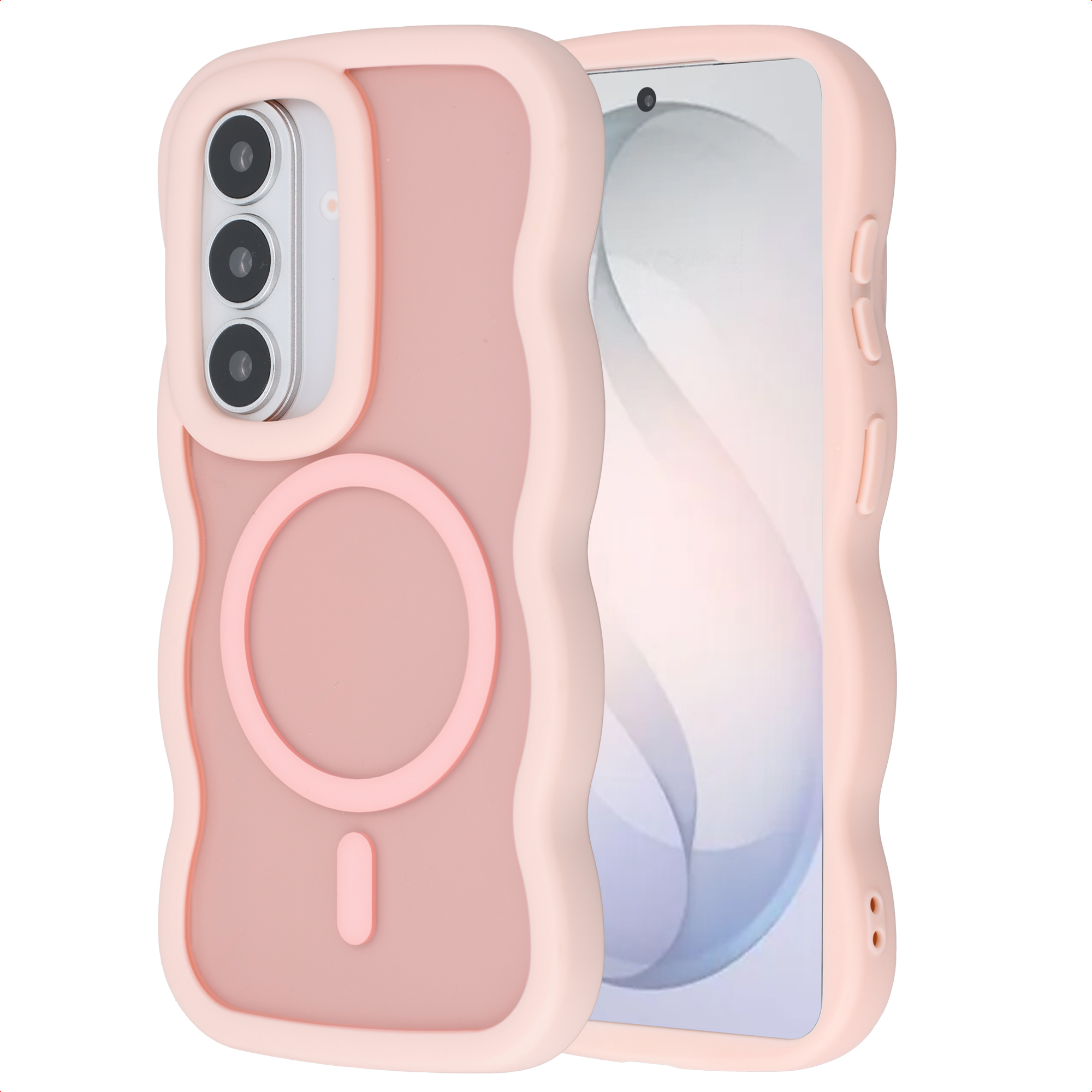 Een roze telefoonhoes met golvend design en drie cameralenzen.