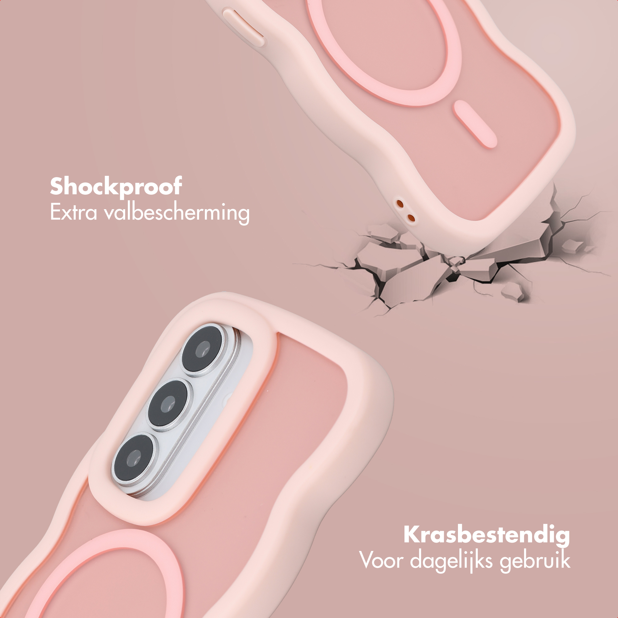 Roze telefoonhoes met camera en ring die op scheuren valt.