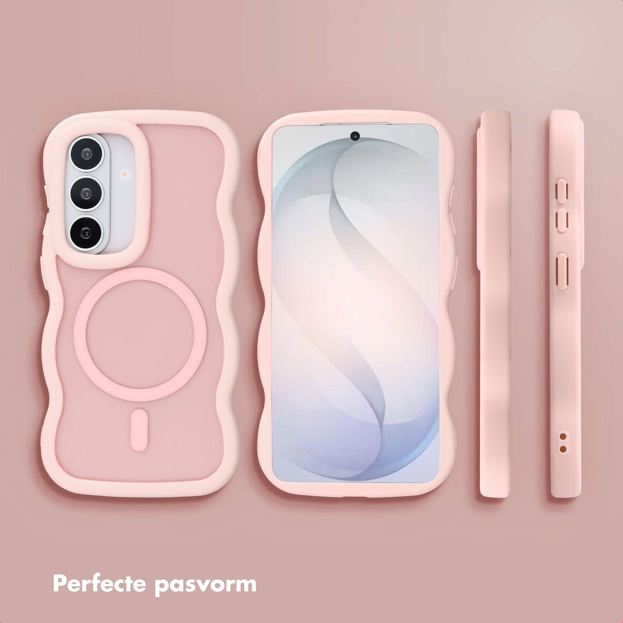 Roze golvende telefoonhoes, vanuit meerdere hoeken getoond.
