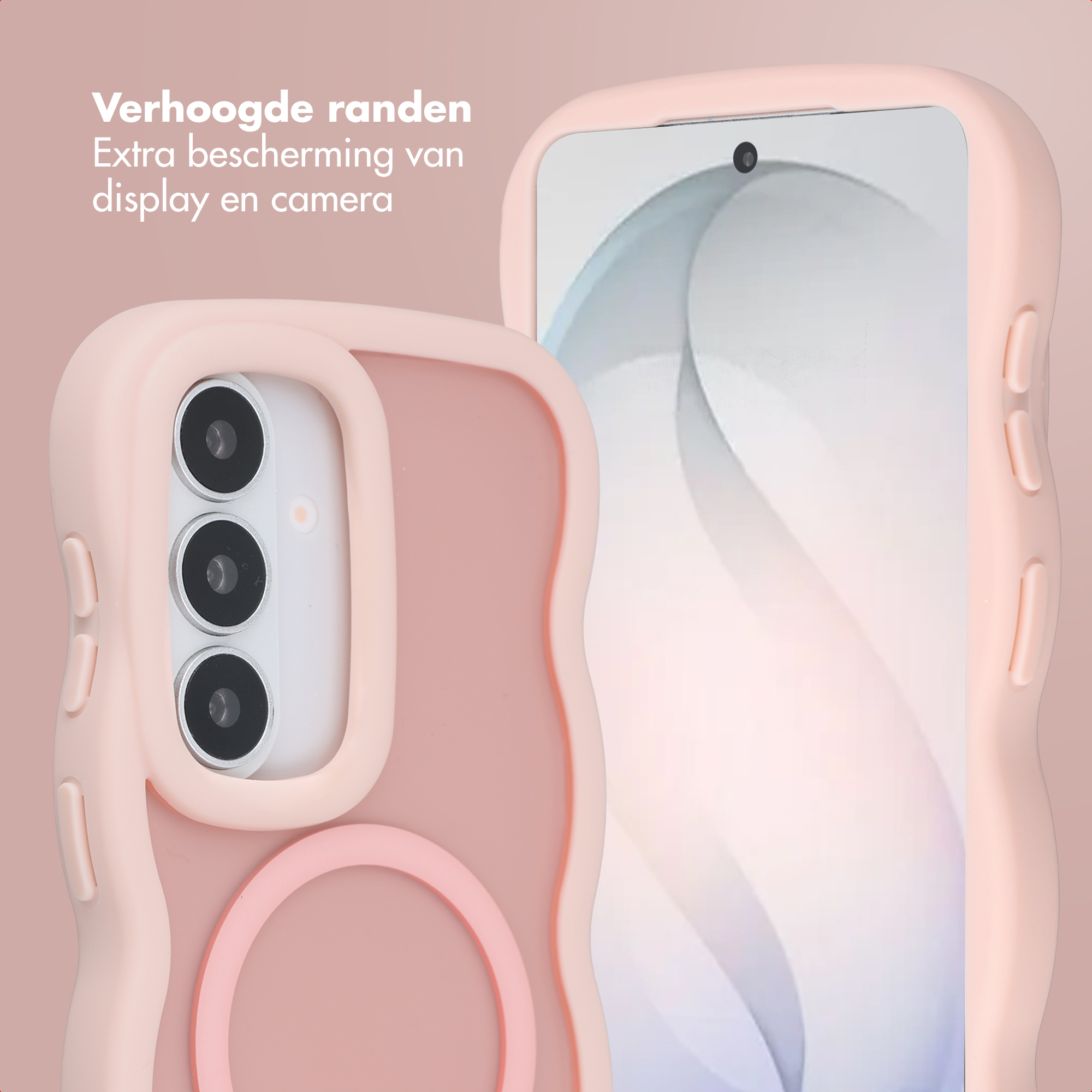 Een roze telefoonhoes met verhoogde randen ter bescherming van camera en display.