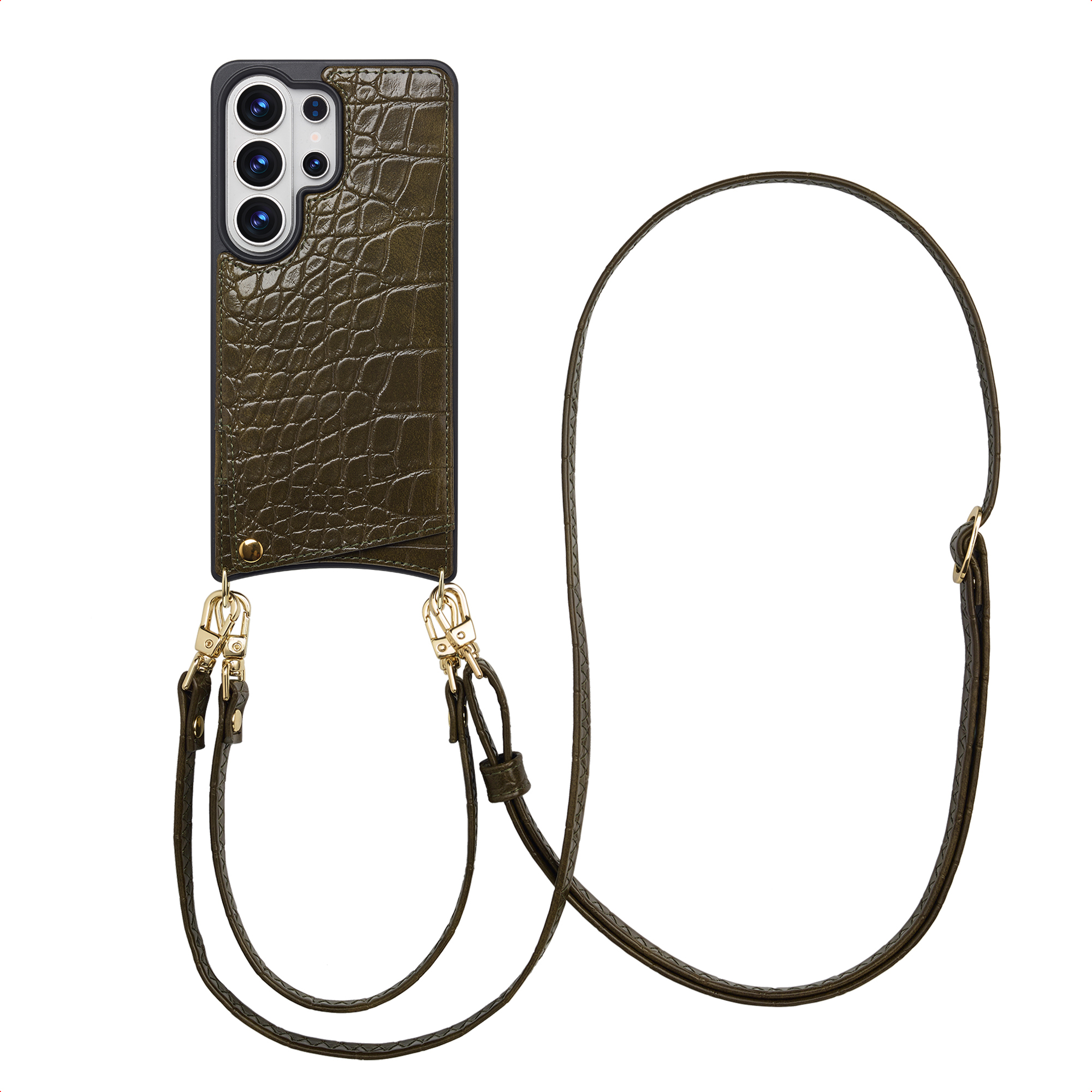 Coque de téléphone vert foncé croco avec découpe caméra et lanière amovible.
