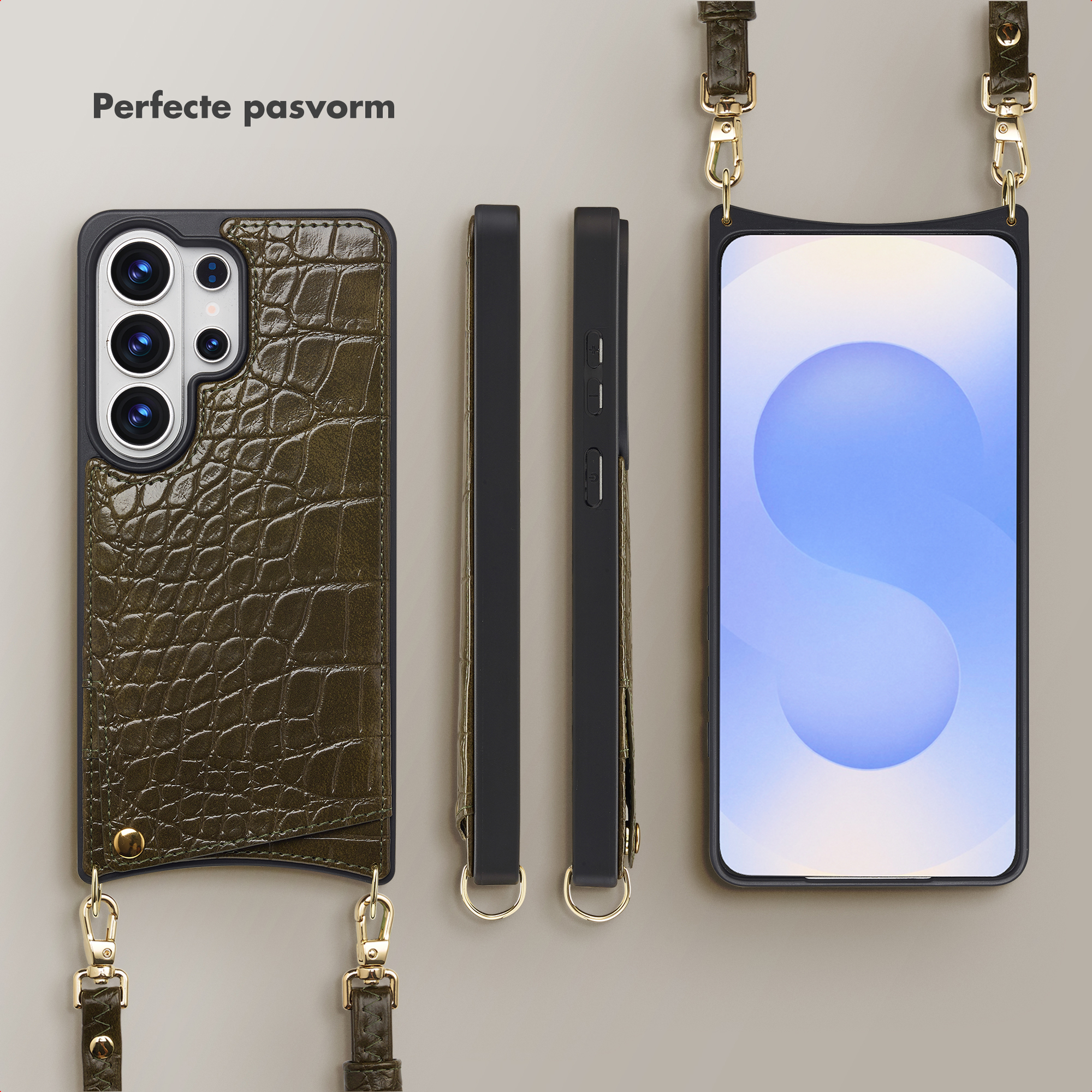 Coque de téléphone verte crocodile avec système caméra et lanière.