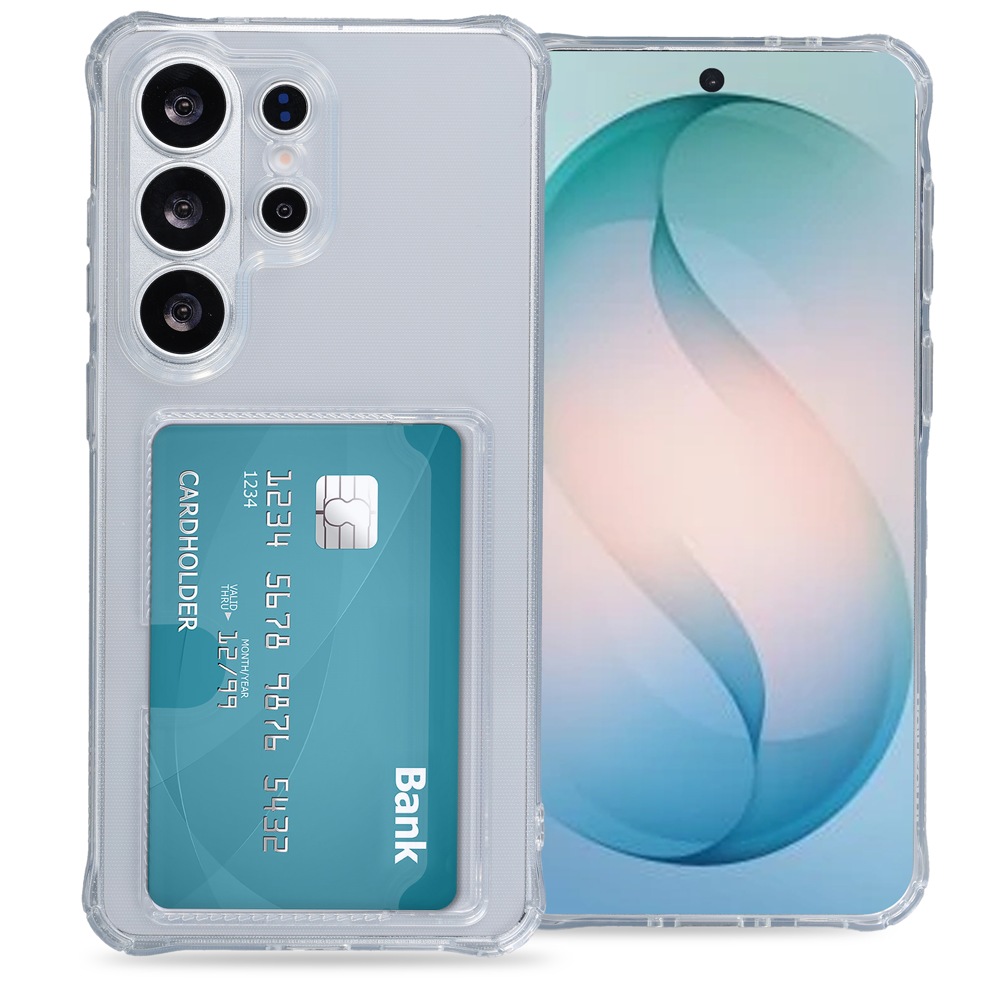 Coque transparente avec porte-cartes, montrant un téléphone avec fond abstrait bleu.