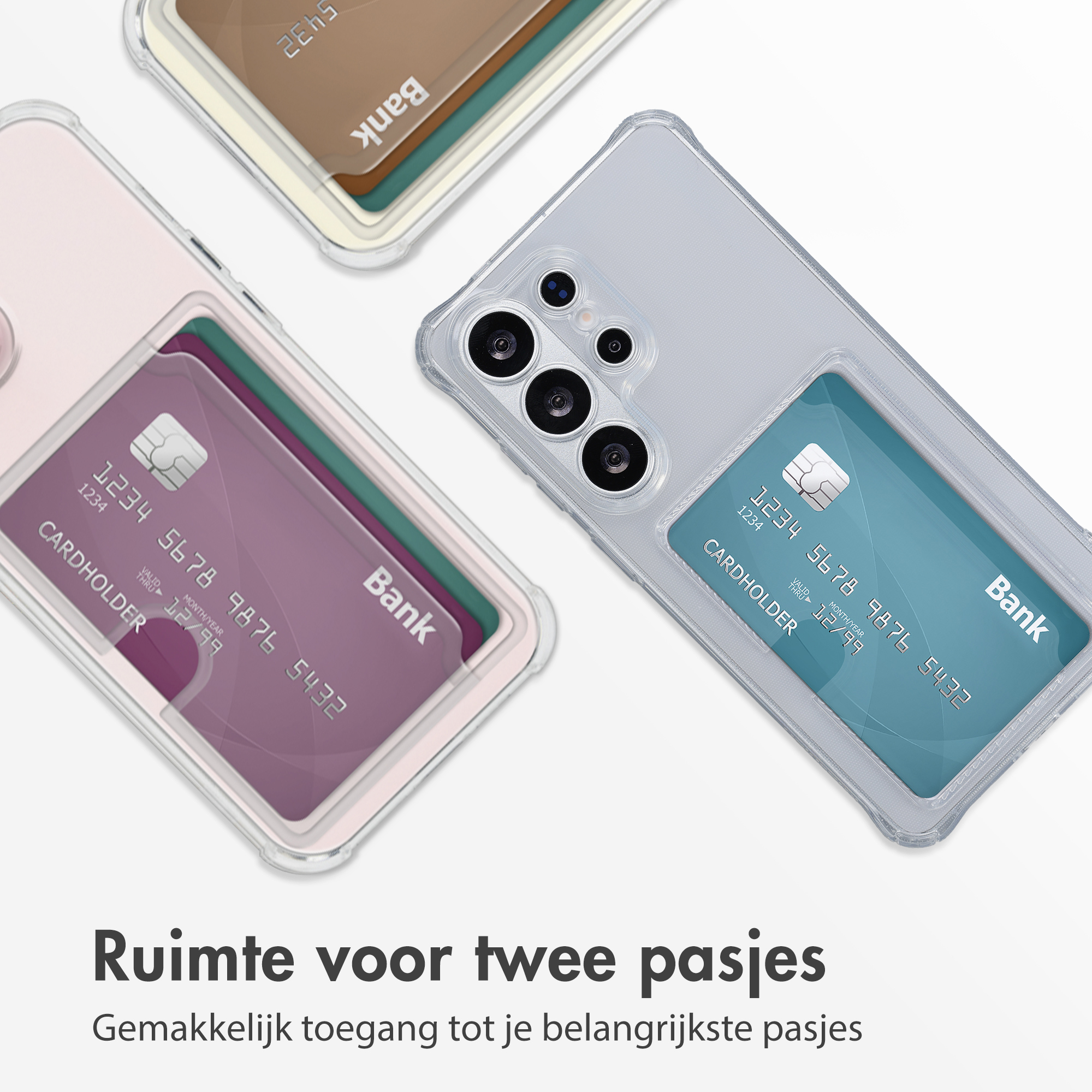 Deux coques de téléphone avec fentes pour cartes : une gris clair et une rose.