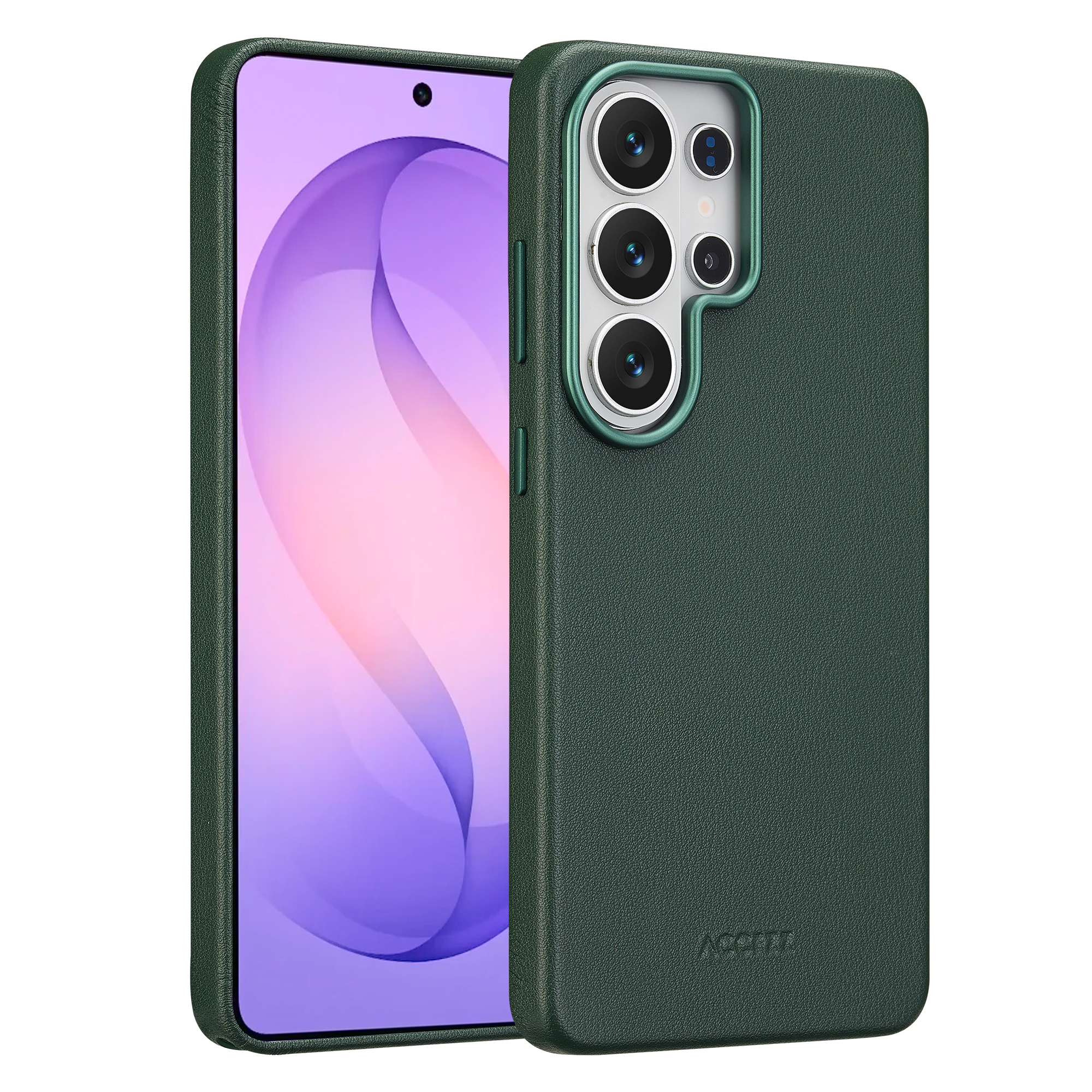 Donkergroene telefoonhoes met camera-uitsparing naast een smartphone.