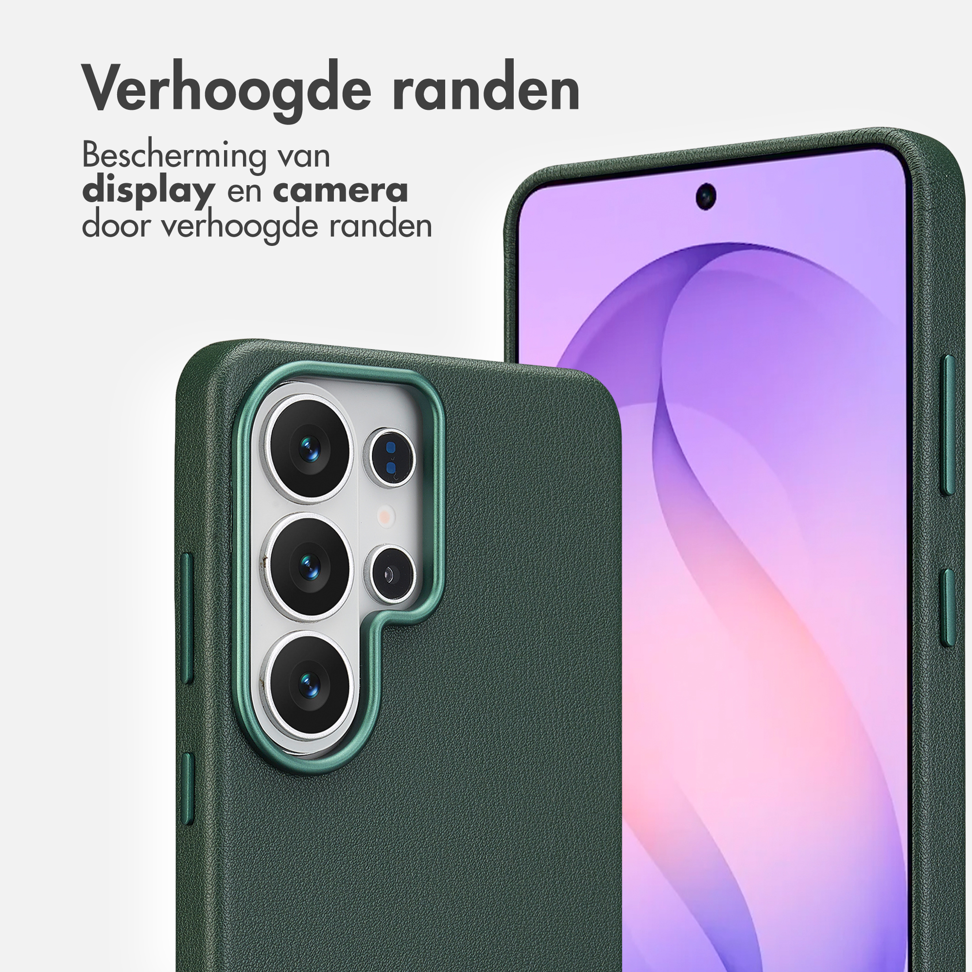 Donkergroene telefoonhoes met verhoogde randen beschermt camera en scherm.