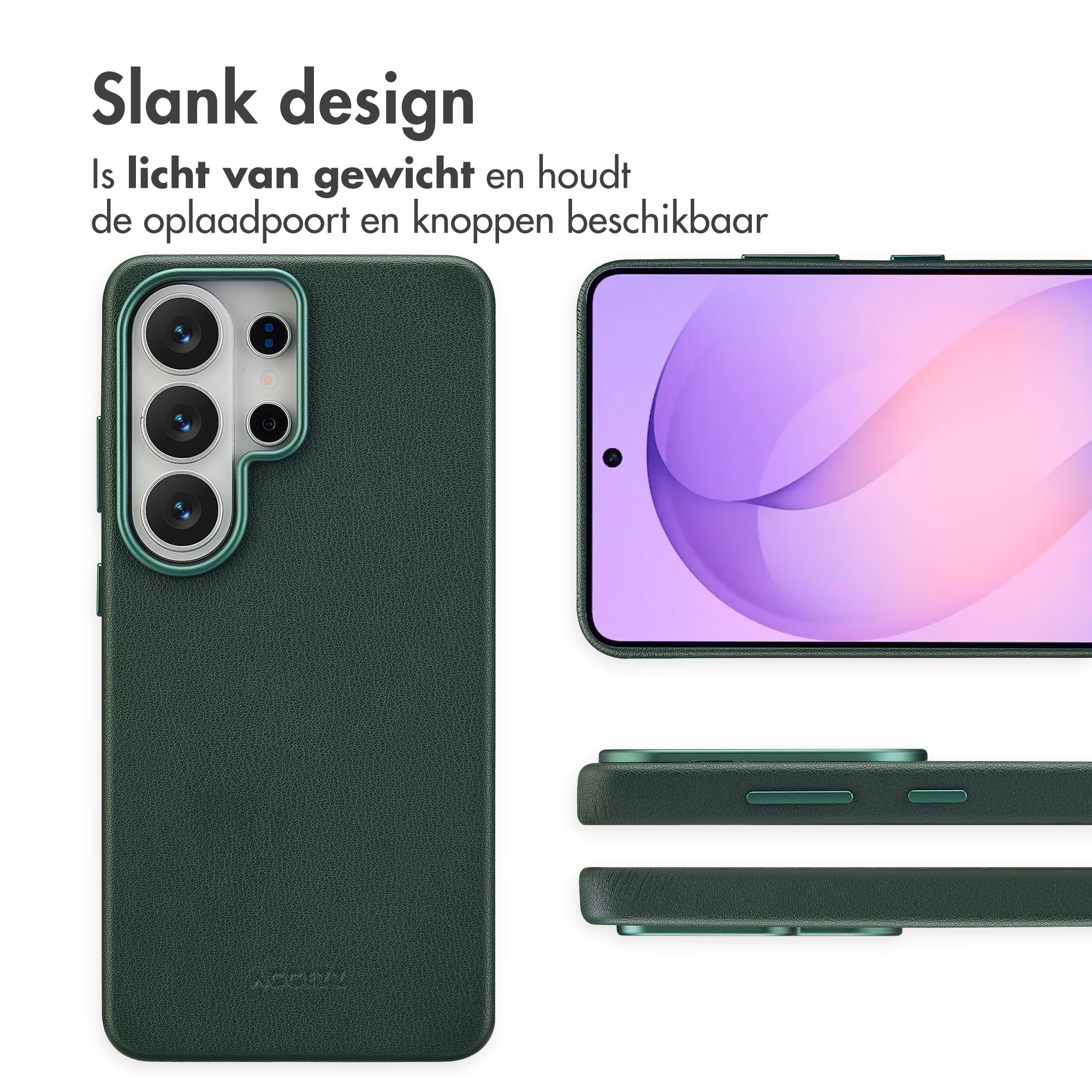 Donkergroene telefoonhoes met camerauitsparing en schermweergave.