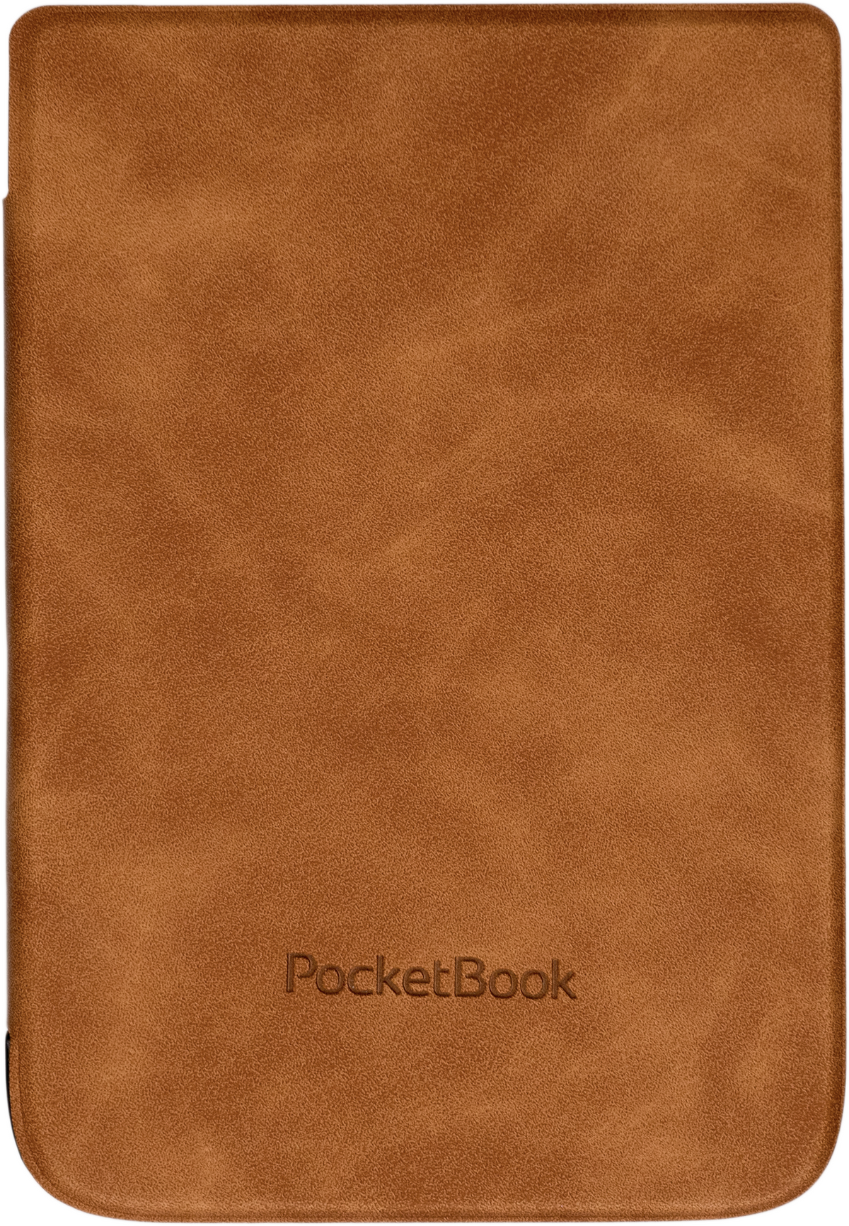 Ein brauner Lederbezug für ein elektronisches Lesegerät mit dem Aufdruck PocketBook.