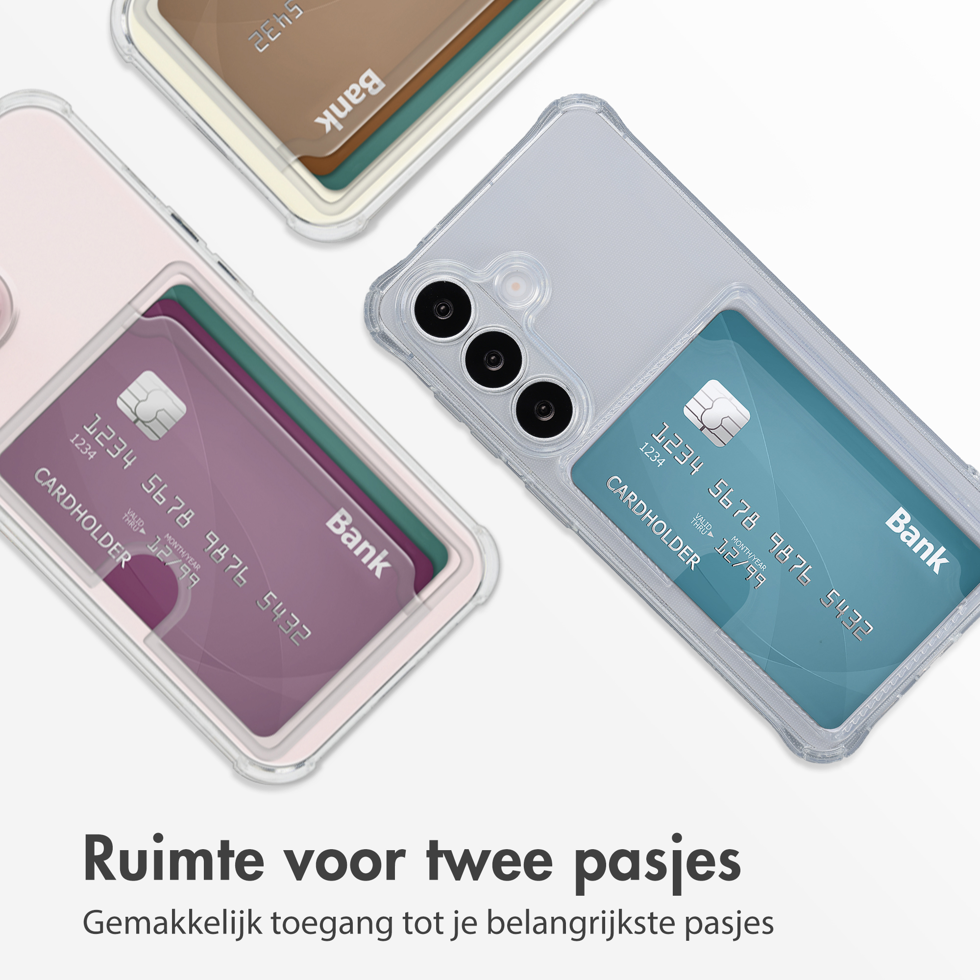 Twee doorzichtige telefoonhoesjes met kaarthouders, één met paarse, de ander met blauwe kaart.