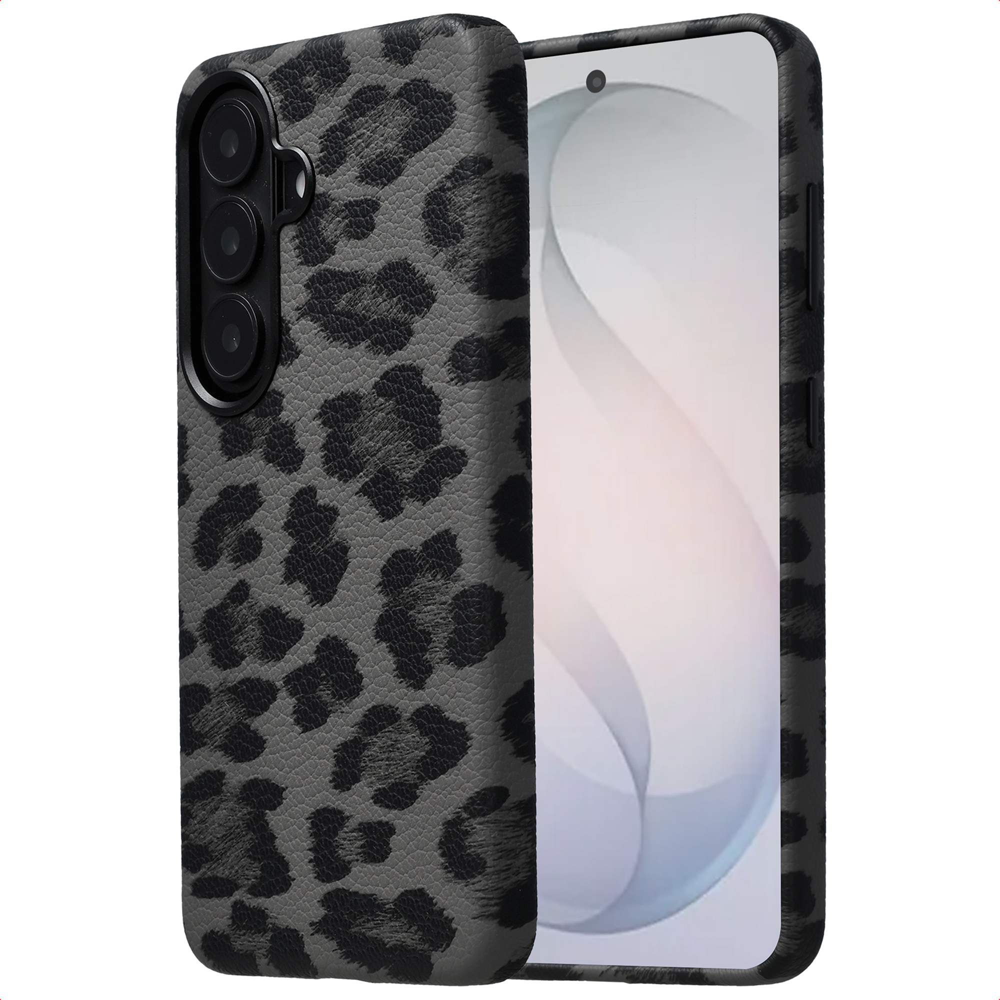 Custodia grigia per telefono con stampa leopardata nera e tre lenti.