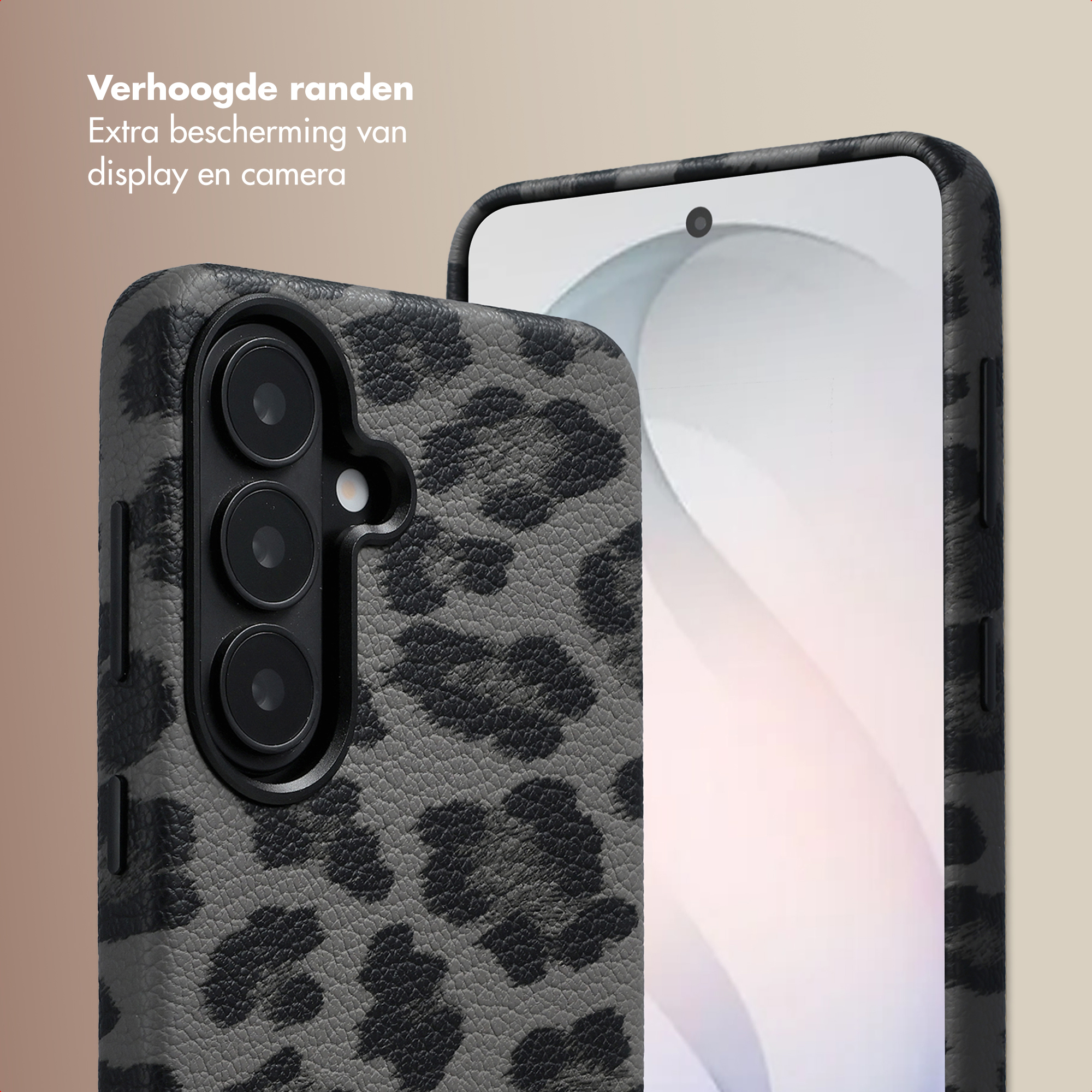 Custodia grigia per telefono con stampa leopardata e modulo fotocamera.