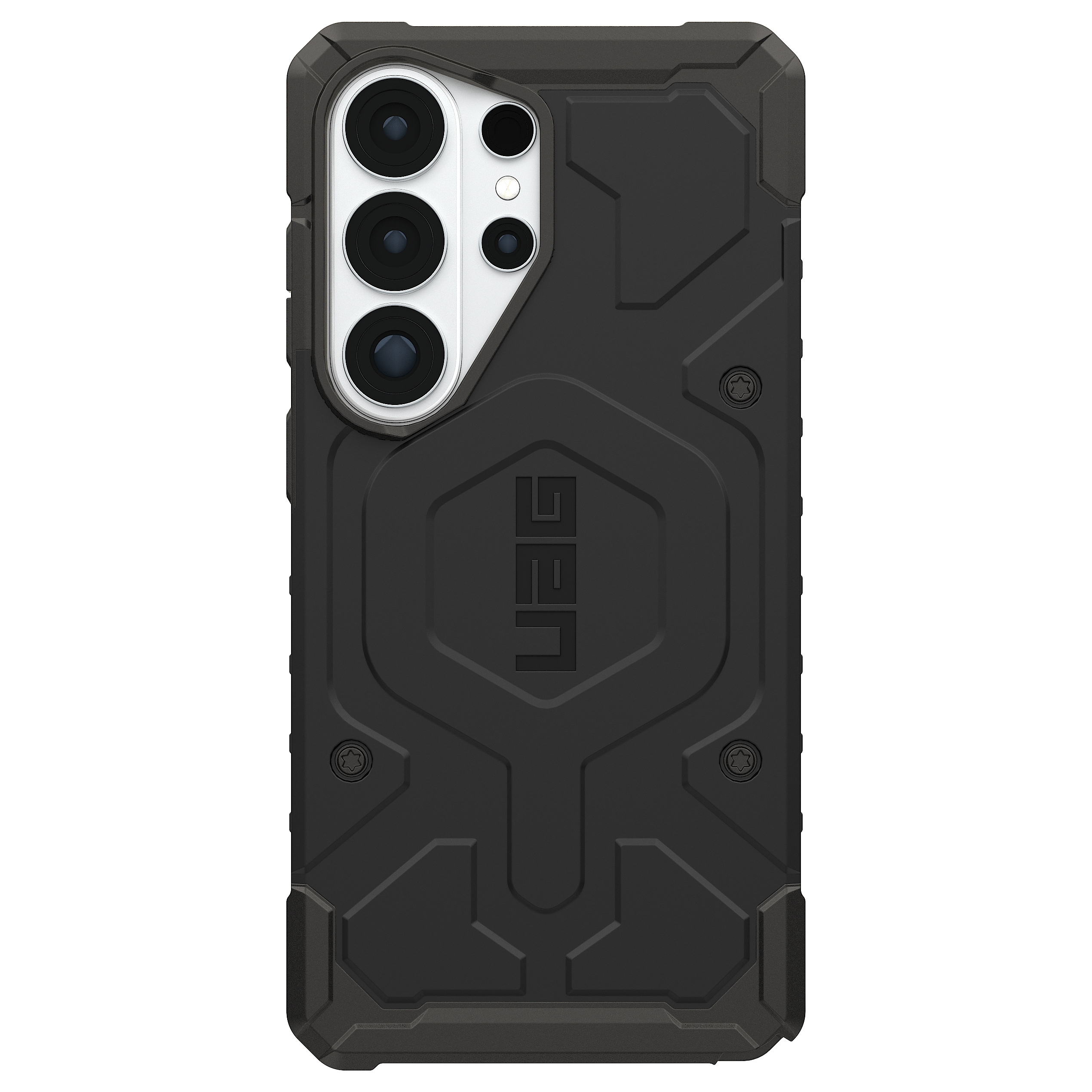 Schwarzes robustes Handyhülle mit Kameraöffnung und UAG-Logo.